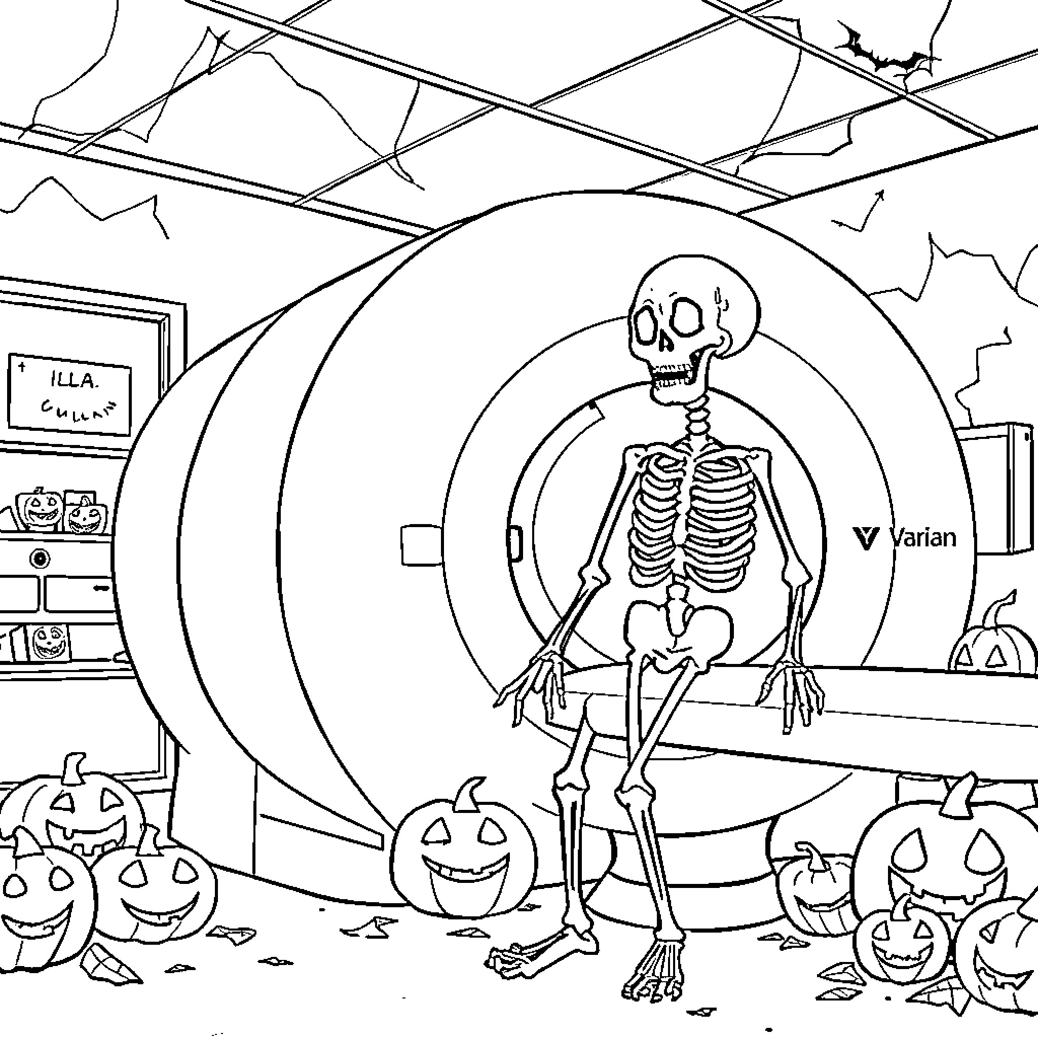 Skeleton's Halloween Adventure in the Haunted House Coloring Page (free black-and-white line drawing printable PDF for all, from beginners to advanced learners, including children, teens, adults, and seniors)