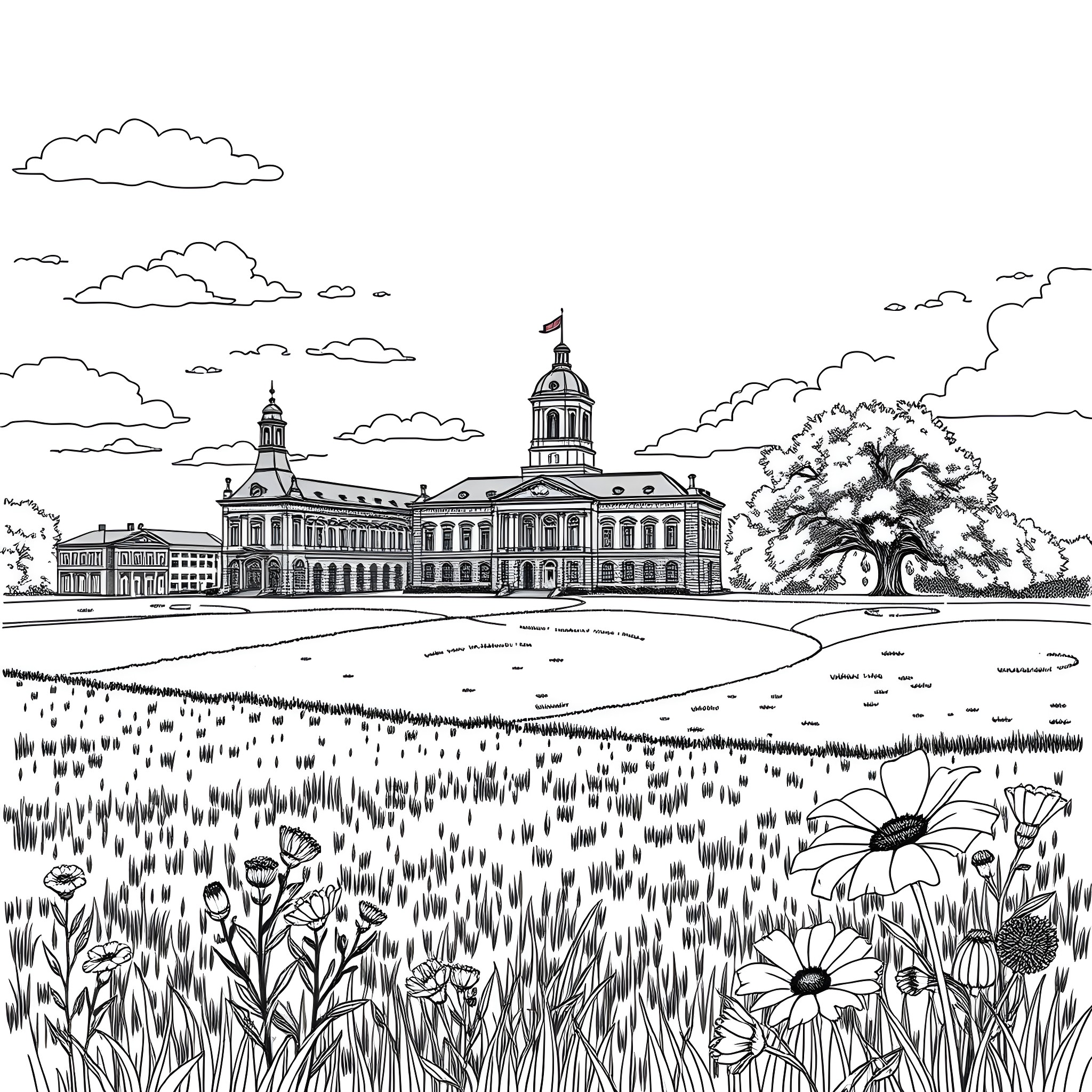 Waxahachie's Historic Courthouse and Lush Landscapes Coloring Page (free black-and-white line drawing printable PDF for all, from beginners to advanced learners, including children, teens, adults, and seniors)