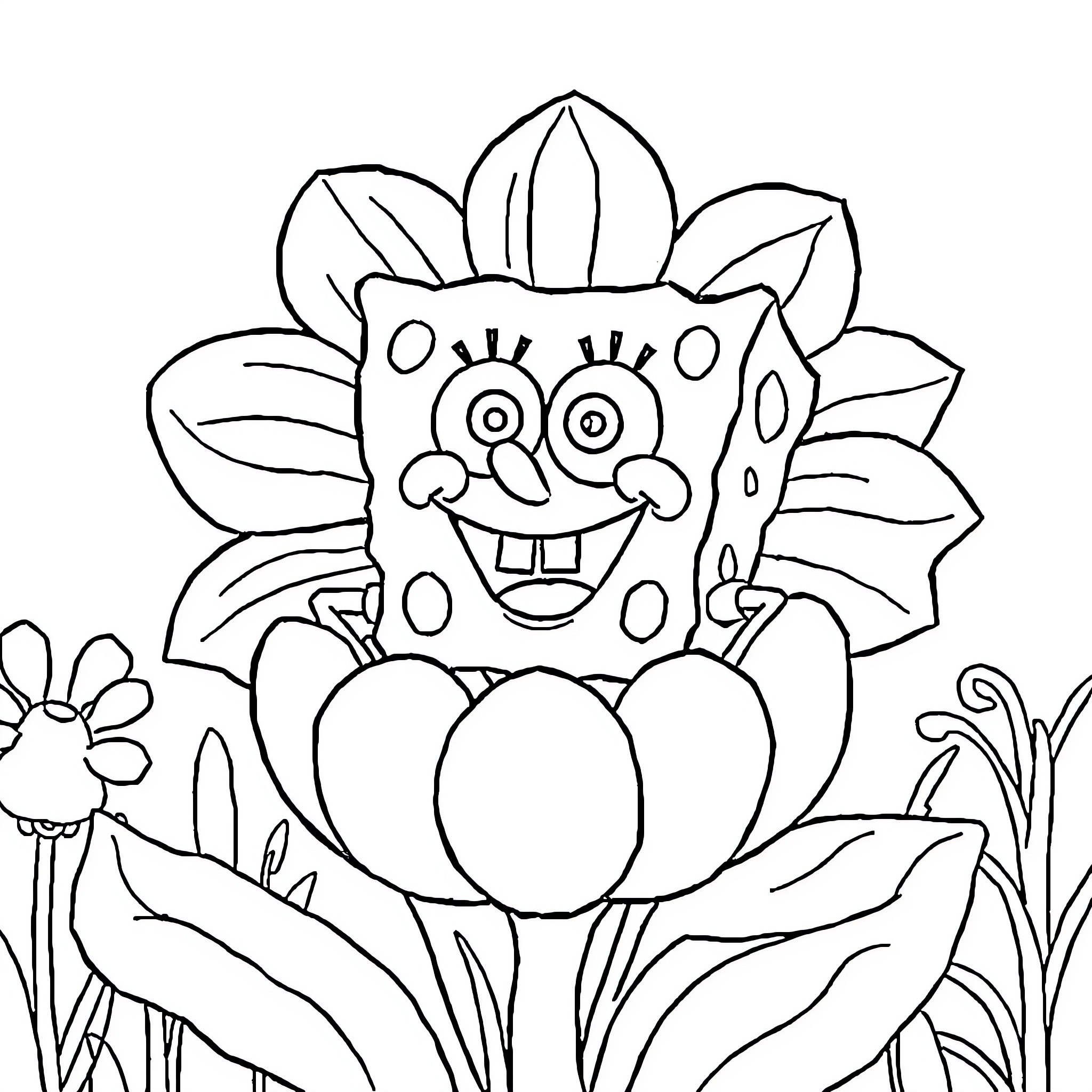 Spongebob's Floral Delight Coloring Page (free black-and-white line drawing printable PDF for all, from beginners to advanced learners, including children, teens, adults, and seniors)