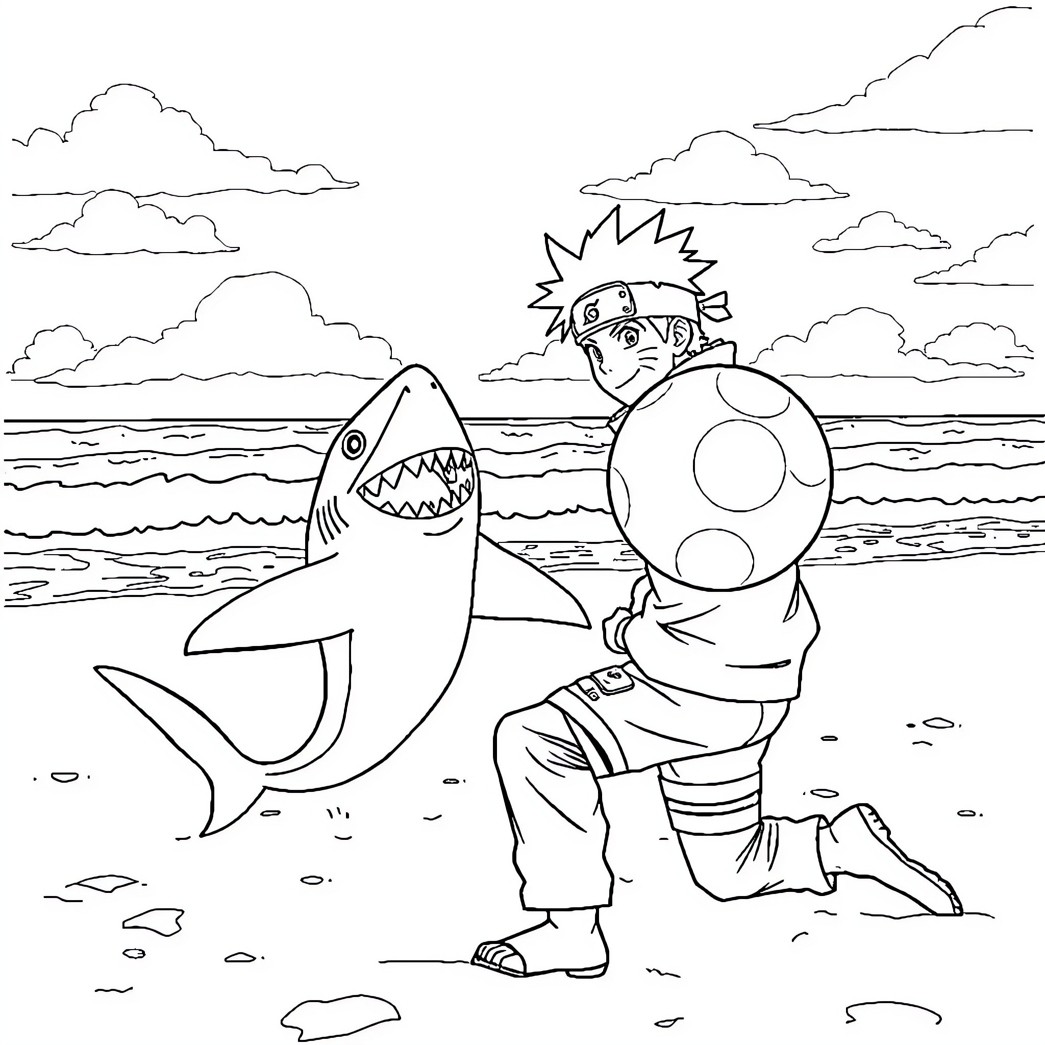 Jeff the Landshark battles a fierce shark on the beach Coloring Page (free black-and-white line drawing printable PDF for all, from beginners to advanced learners, including children, teens, adults, and seniors)