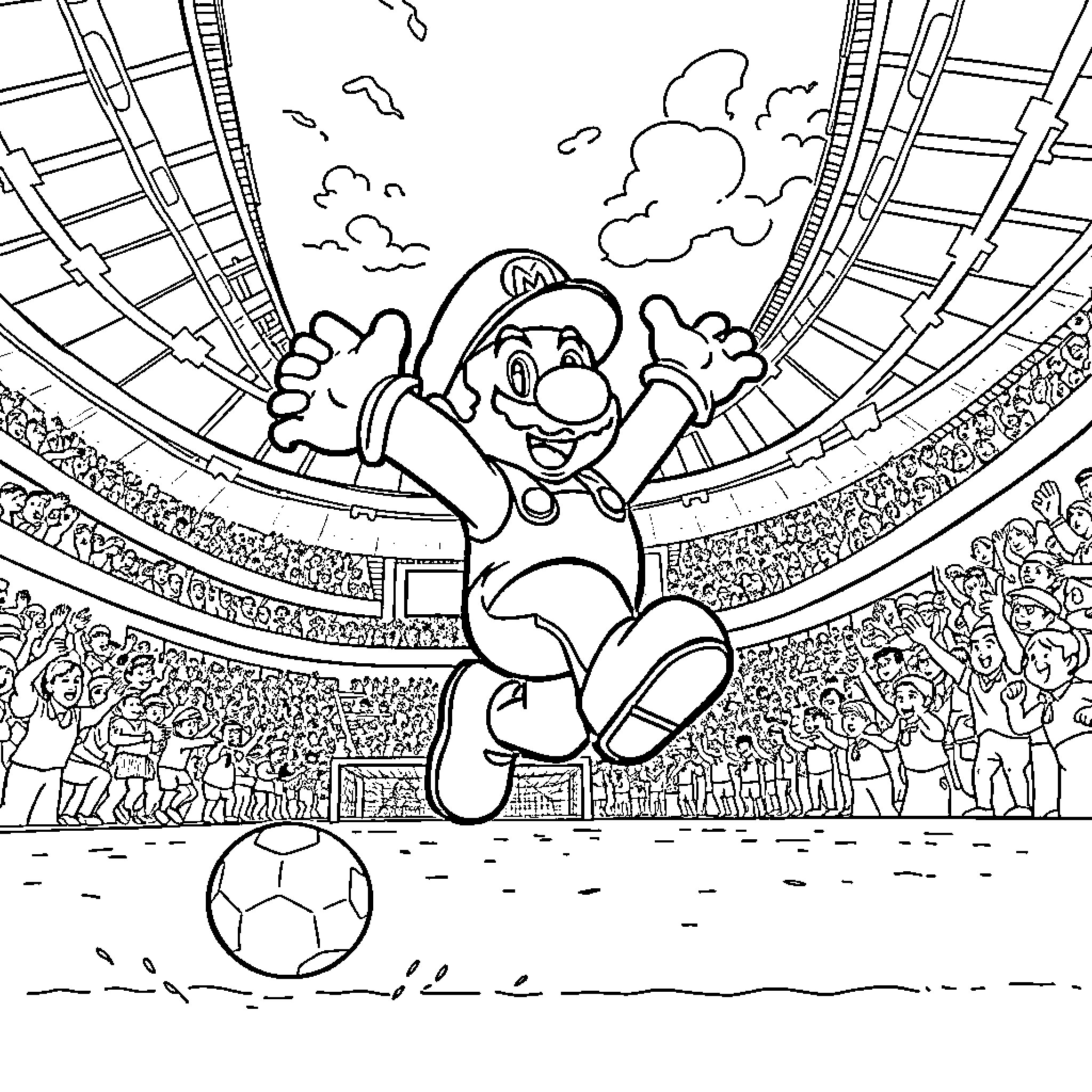 Mario performing athletic stunts in a lively stadium Coloring Page (free black-and-white line drawing printable PDF for all, from beginners to advanced learners, including children, teens, adults, and seniors)
