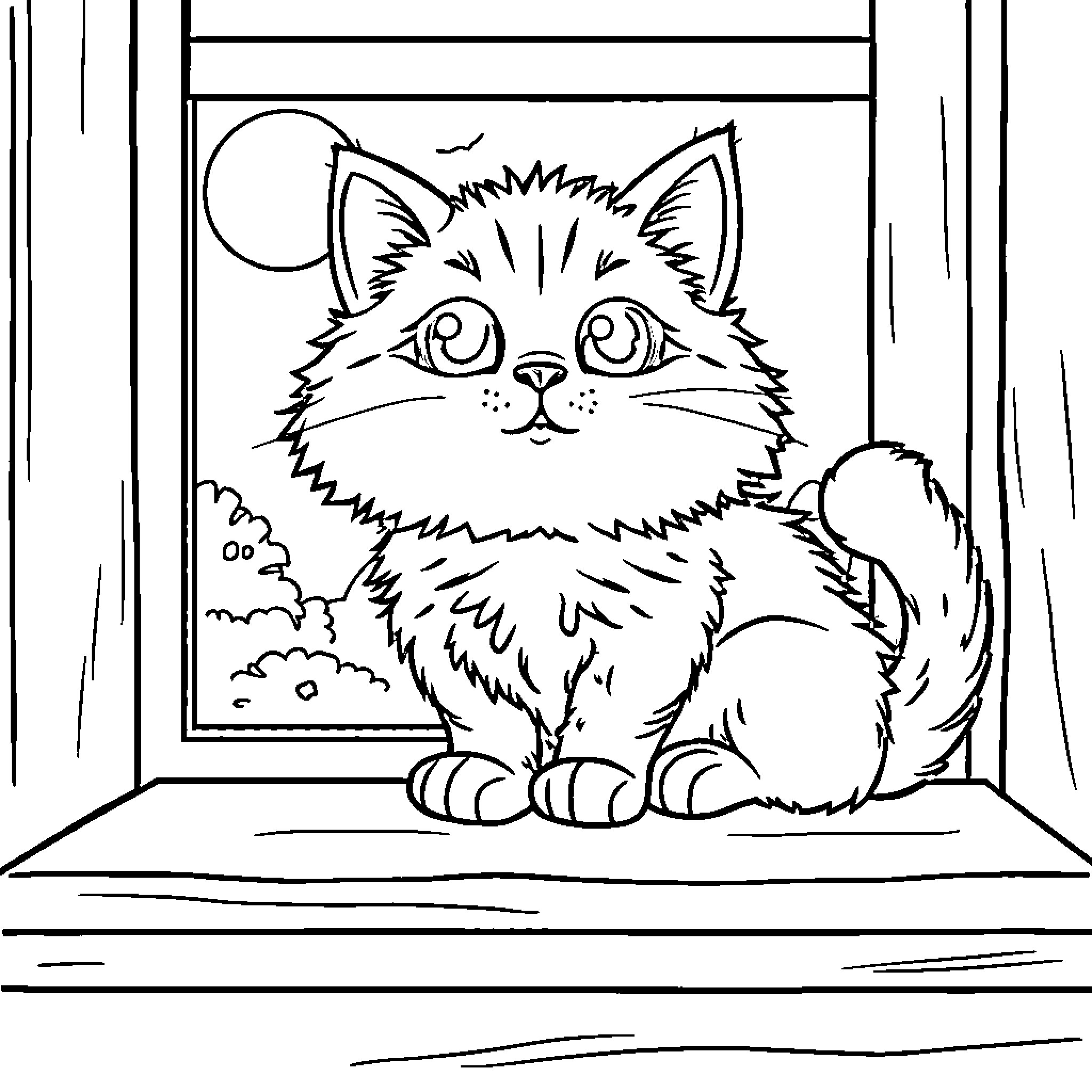 Cat gazing out the window Coloring Page (free black-and-white line drawing printable PDF for all, from beginners to advanced learners, including children, teens, adults, and seniors)