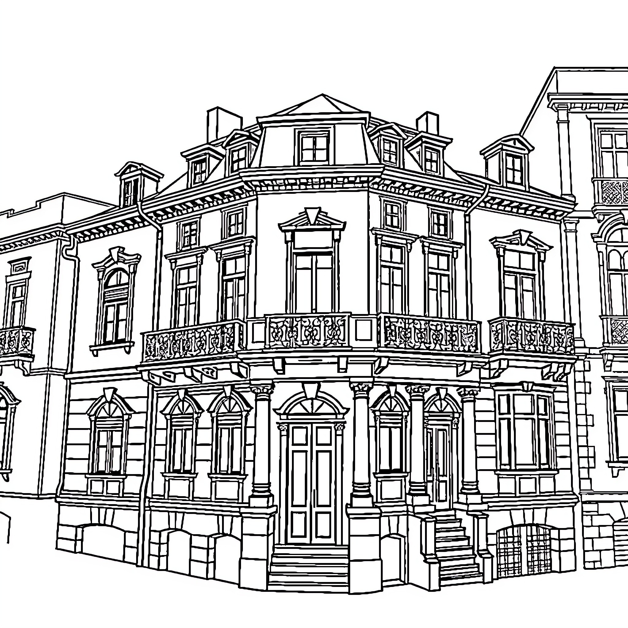 Building with Ornate Architecture and Balconies Coloring Page (free black-and-white line drawing printable PDF for all, from beginners to advanced learners, including children, teens, adults, and seniors)