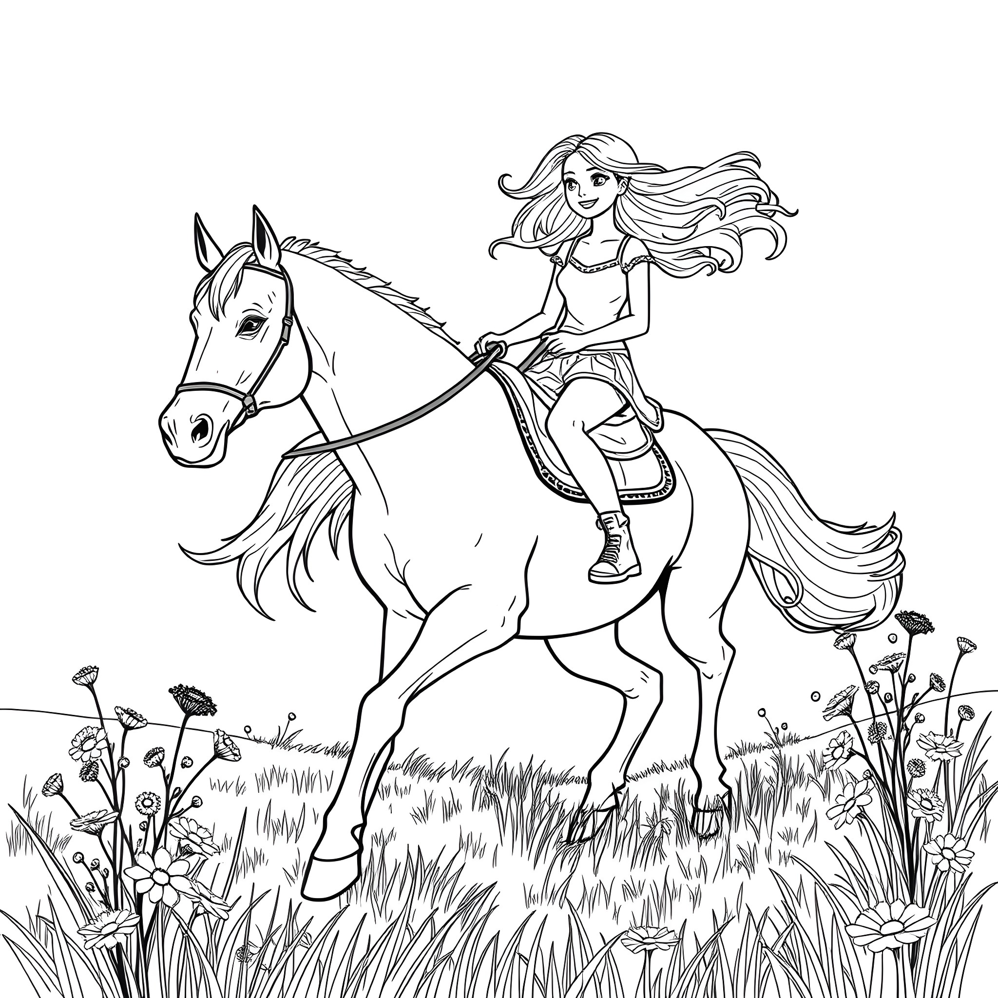 Teen Girl Riding a Majestic Horse in the Meadow Coloring Page (free black-and-white line drawing printable PDF for all, from beginners to advanced learners, including children, teens, adults, and seniors)