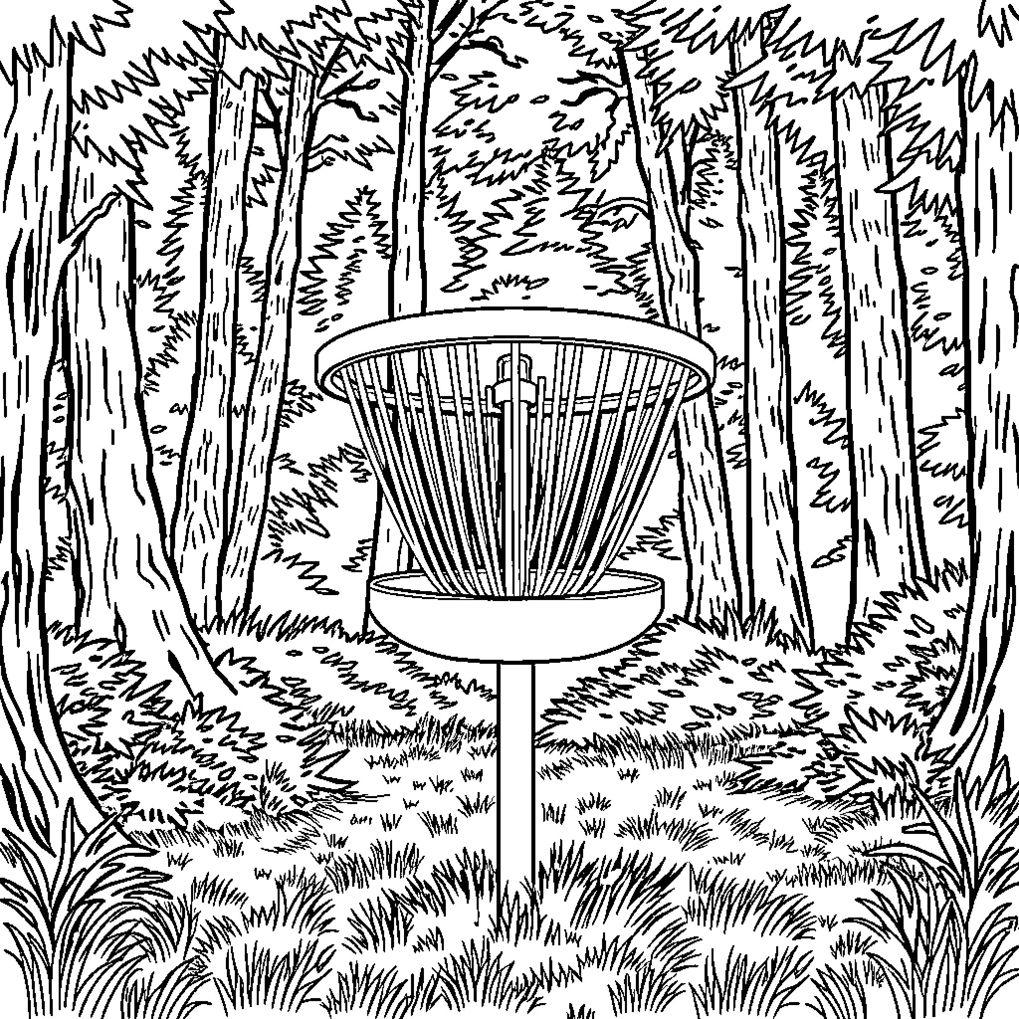 Discgolf Basket in Forested Landscape Coloring Page (free black-and-white line drawing printable PDF for all, from beginners to advanced learners, including children, teens, adults, and seniors)