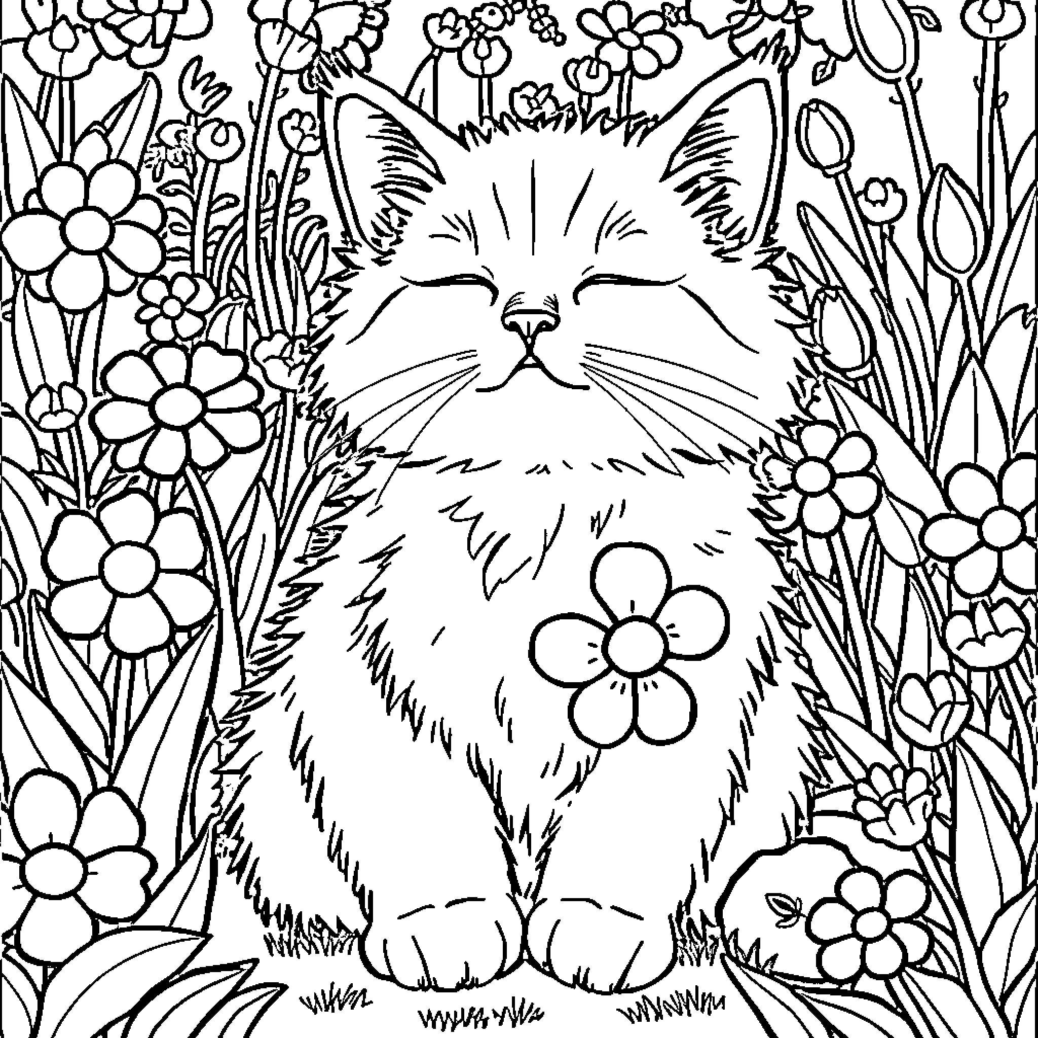 Cat surrounded by flowers in a garden Coloring Page (free black-and-white line drawing printable PDF for all, from beginners to advanced learners, including children, teens, adults, and seniors)