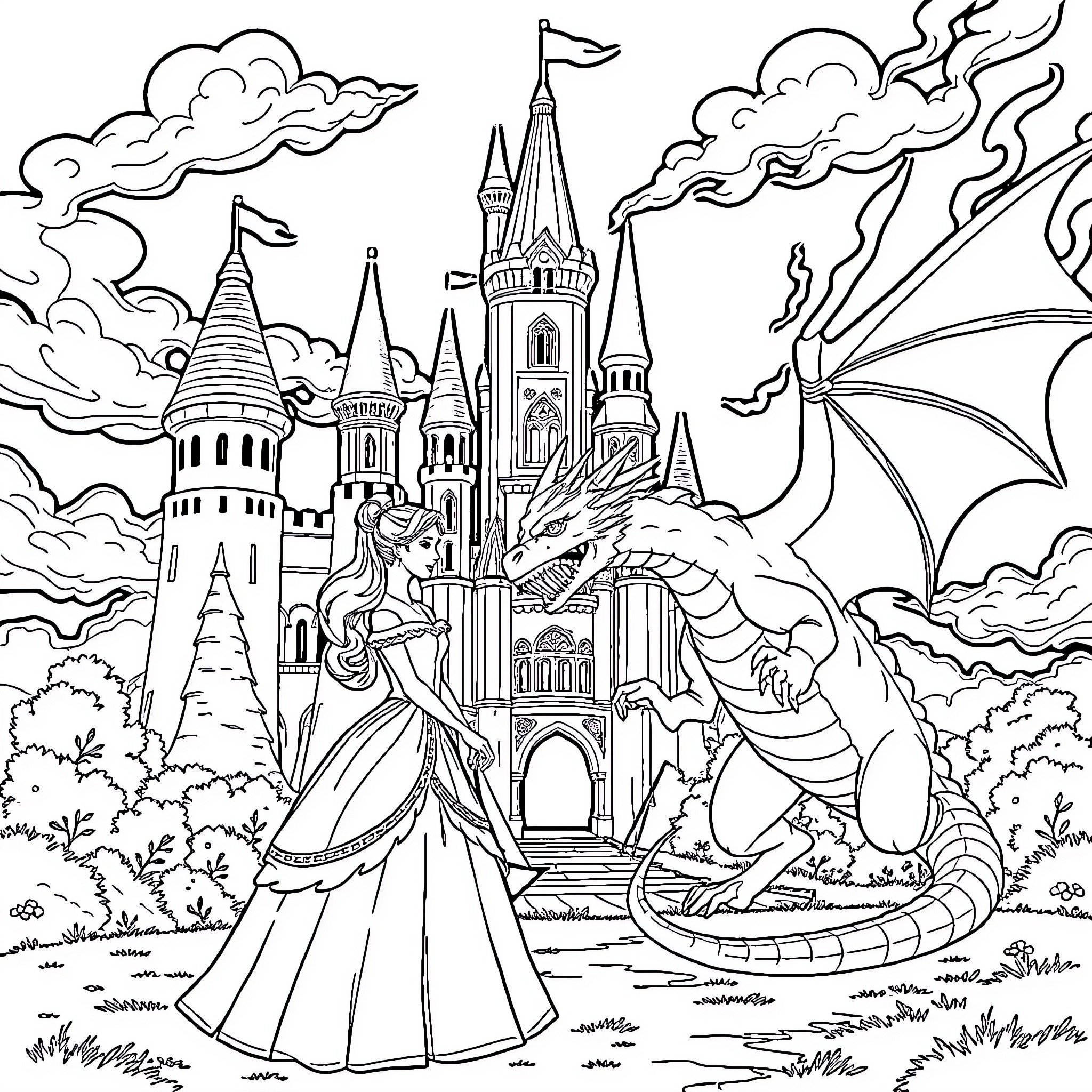 Princess's Enchanting Castle and Dragon Adventure Coloring Page (free black-and-white line drawing printable PDF for all, from beginners to advanced learners, including children, teens, adults, and seniors)