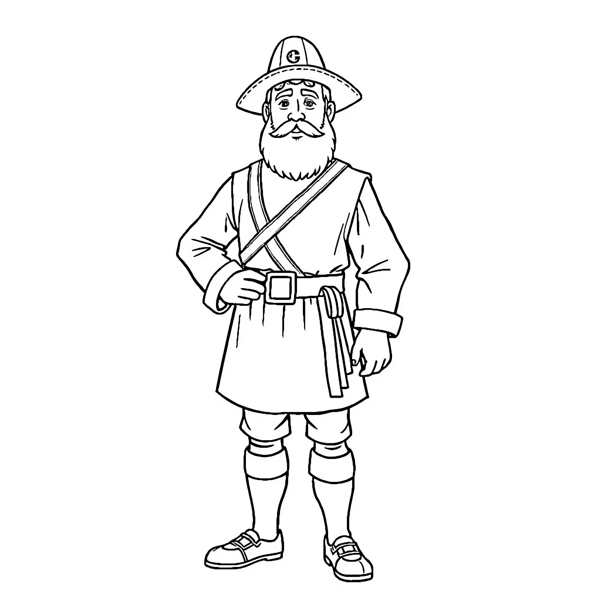 Captain Miles Standish in Historical Attire Coloring Page (free black-and-white line drawing printable PDF for all, from beginners to advanced learners, including children, teens, adults, and seniors)