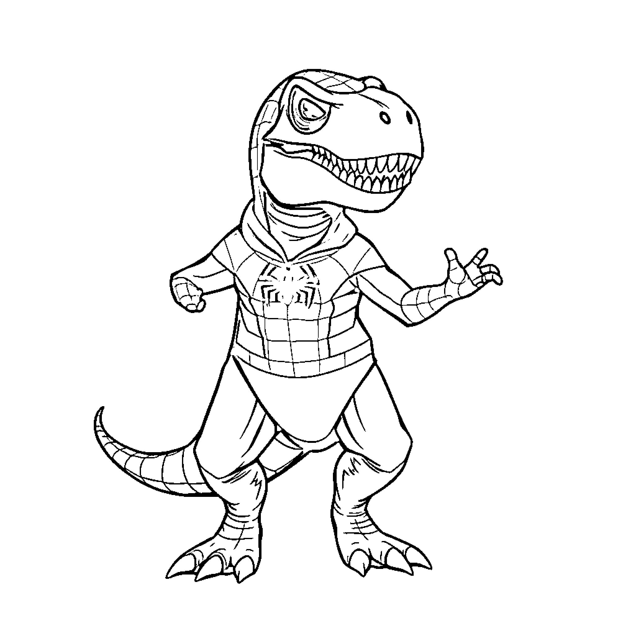 T-Rex superhero in costume showing thumbs up Coloring Page (free black-and-white line drawing printable PDF for all, from beginners to advanced learners, including children, teens, adults, and seniors)