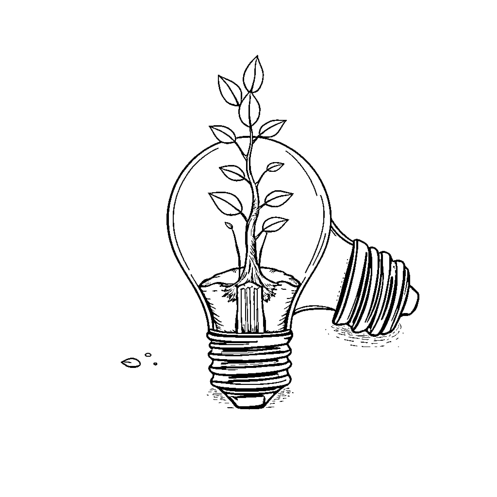 Light Bulb with Growing Plant Inside Coloring Page (free black-and-white line drawing printable PDF for all, from beginners to advanced learners, including children, teens, adults, and seniors)