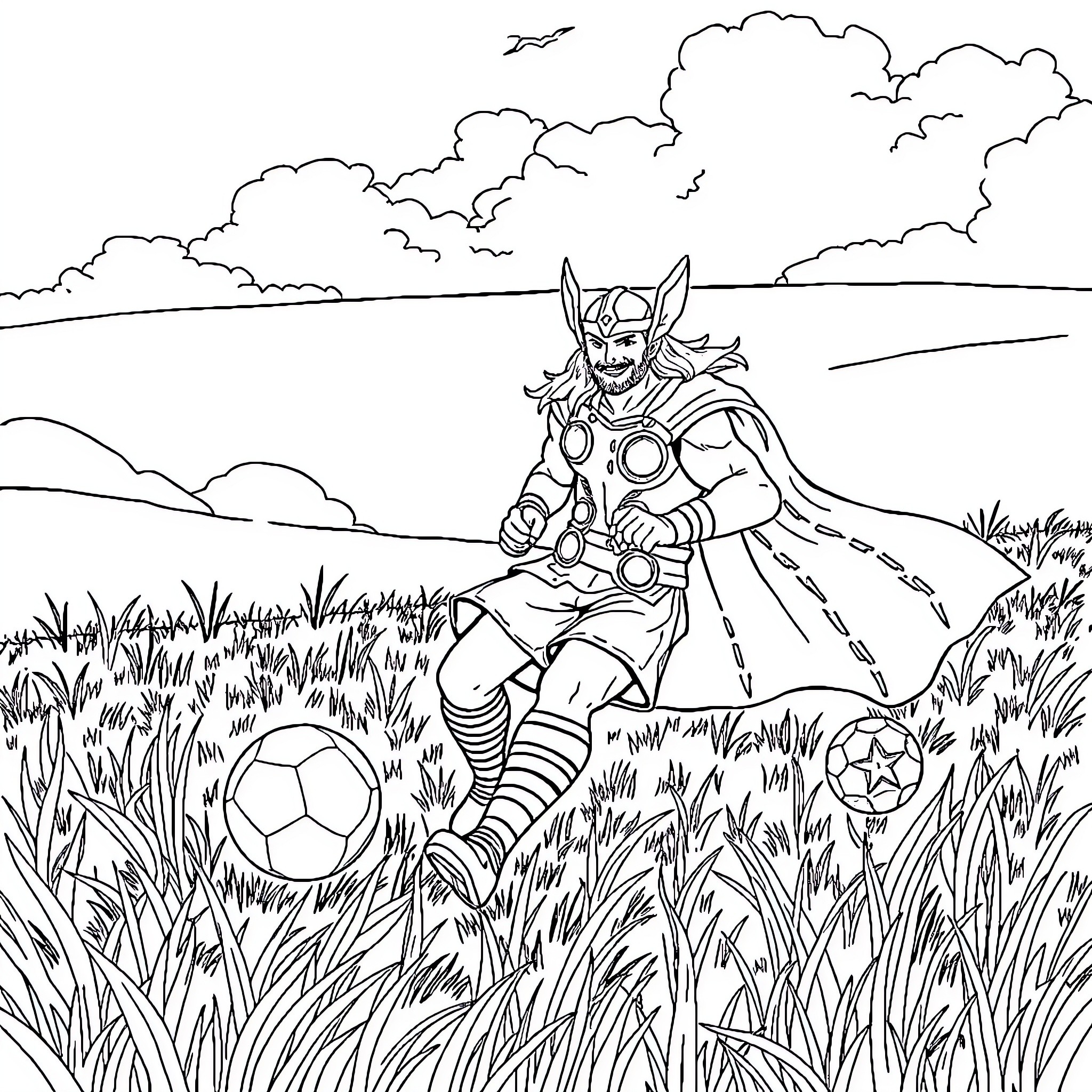 Thor Playing Soccer in the Meadow Coloring Page (free black-and-white line drawing printable PDF for all, from beginners to advanced learners, including children, teens, adults, and seniors)