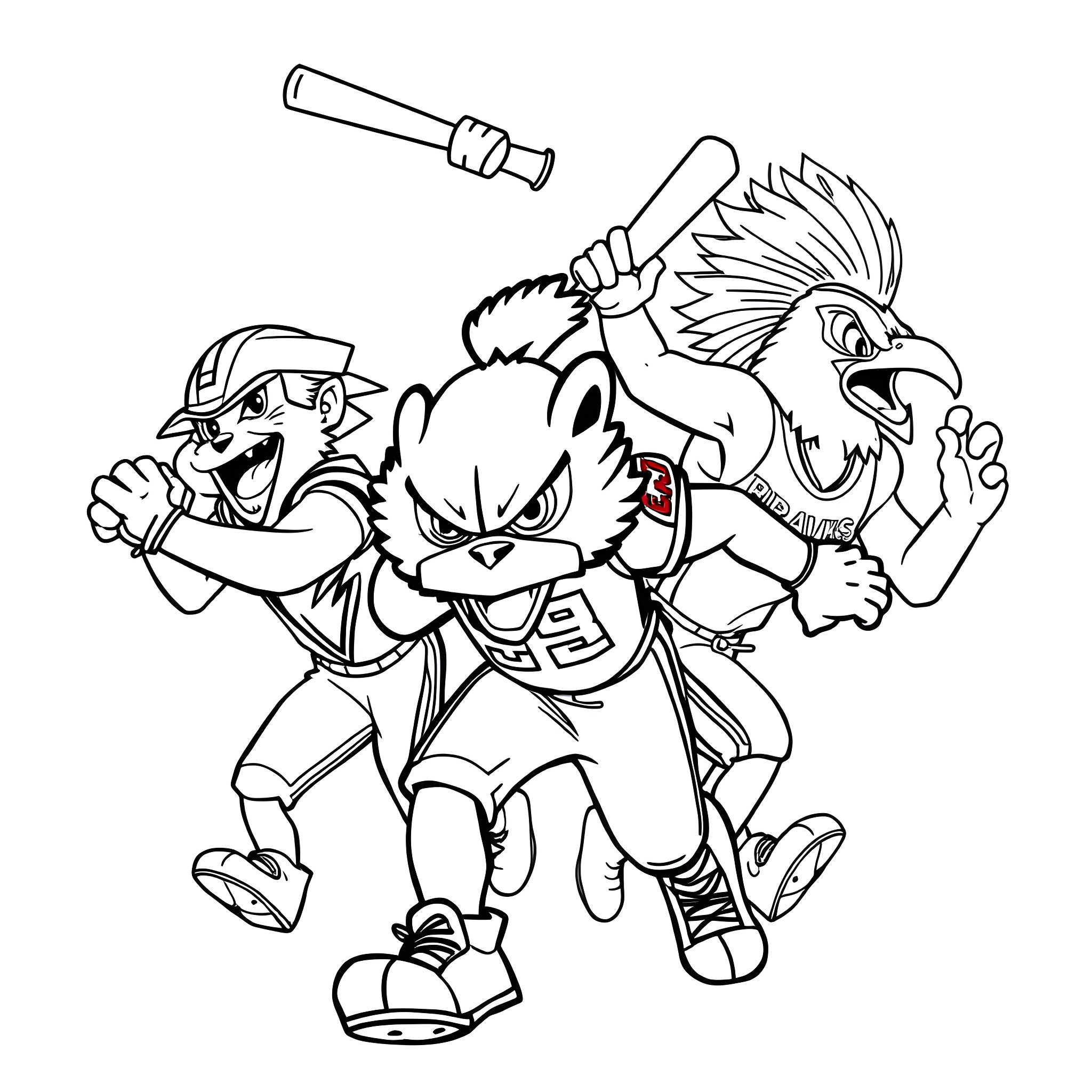 Mascot characters playing with baseball bats Coloring Page (free black-and-white line drawing printable PDF for all, from beginners to advanced learners, including children, teens, adults, and seniors)