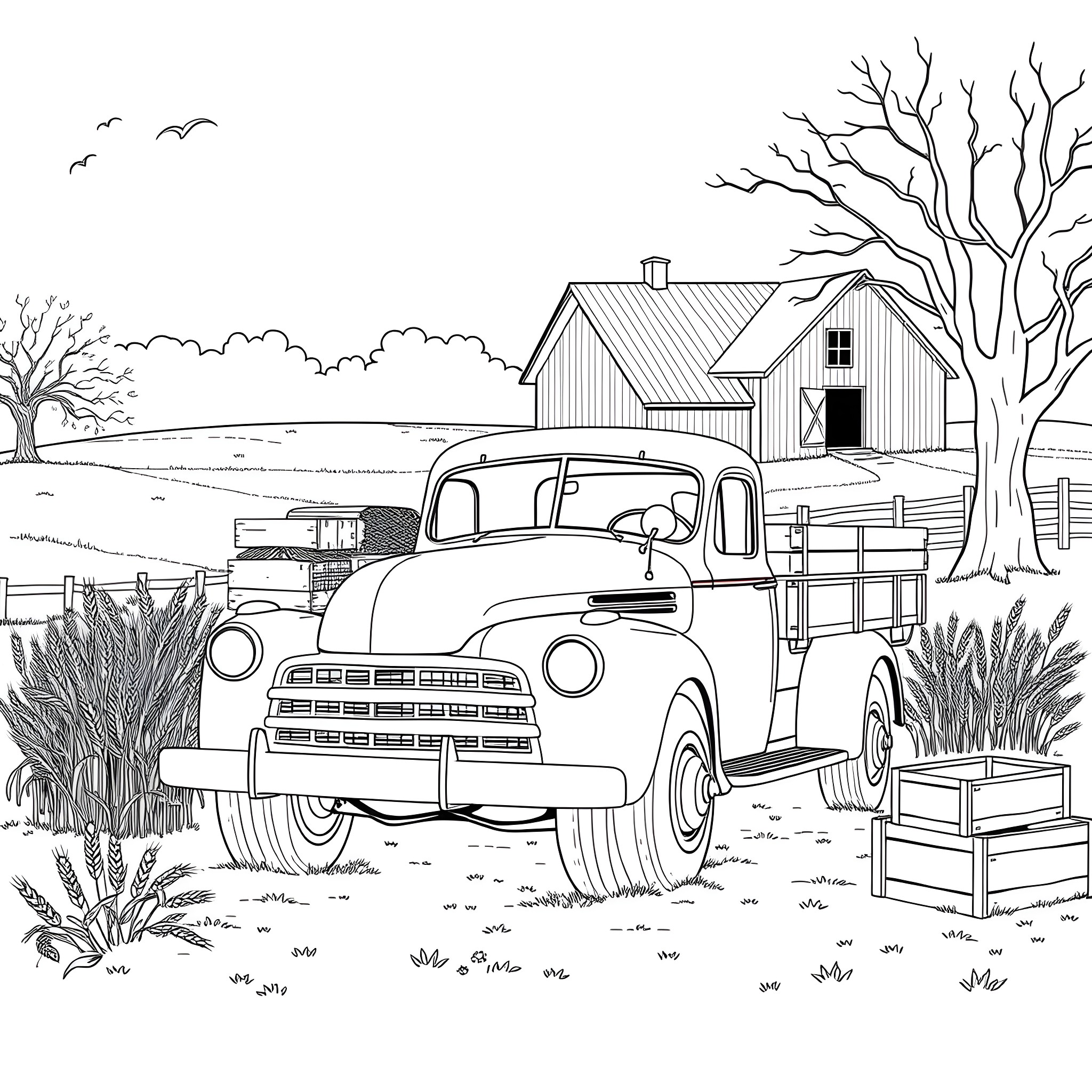 Grain Pickup Truck on a Rural Farm Scene Coloring Page (free black-and-white line drawing printable PDF for all, from beginners to advanced learners, including children, teens, adults, and seniors)