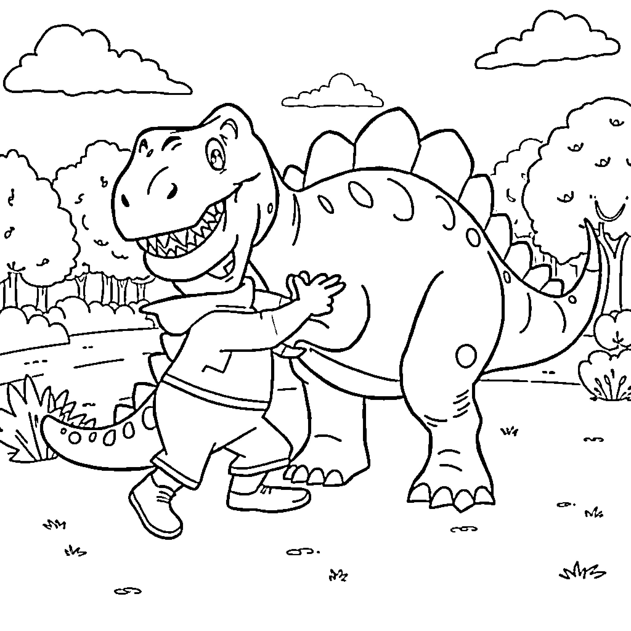 Blippi the Dinosaur Friend Explores Prehistoric World Coloring Page (free black-and-white line drawing printable PDF for all, from beginners to advanced learners, including children, teens, adults, and seniors)