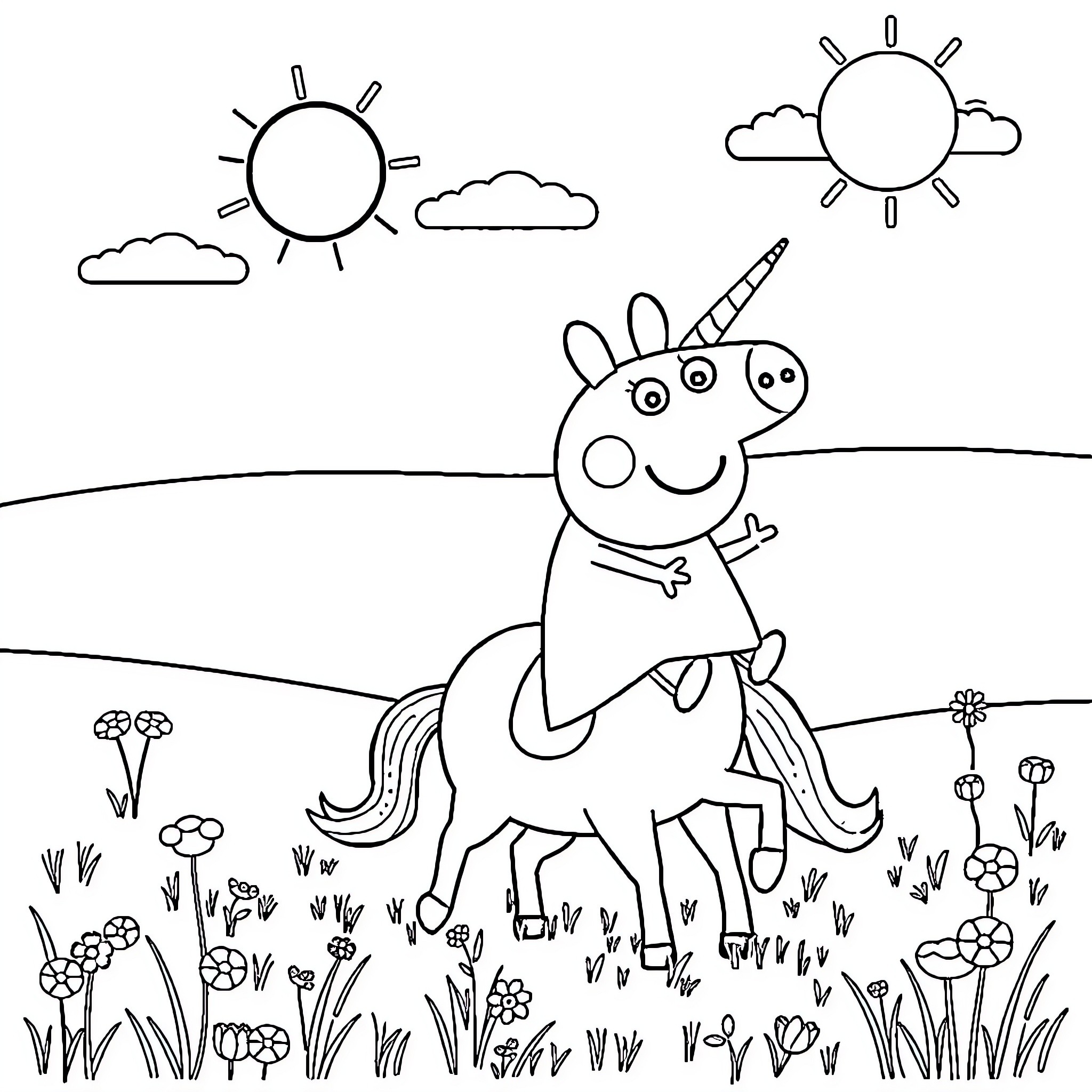 Peppa Pig enjoys a sunny day outdoors Coloring Page (free black-and-white line drawing printable PDF for all, from beginners to advanced learners, including children, teens, adults, and seniors)