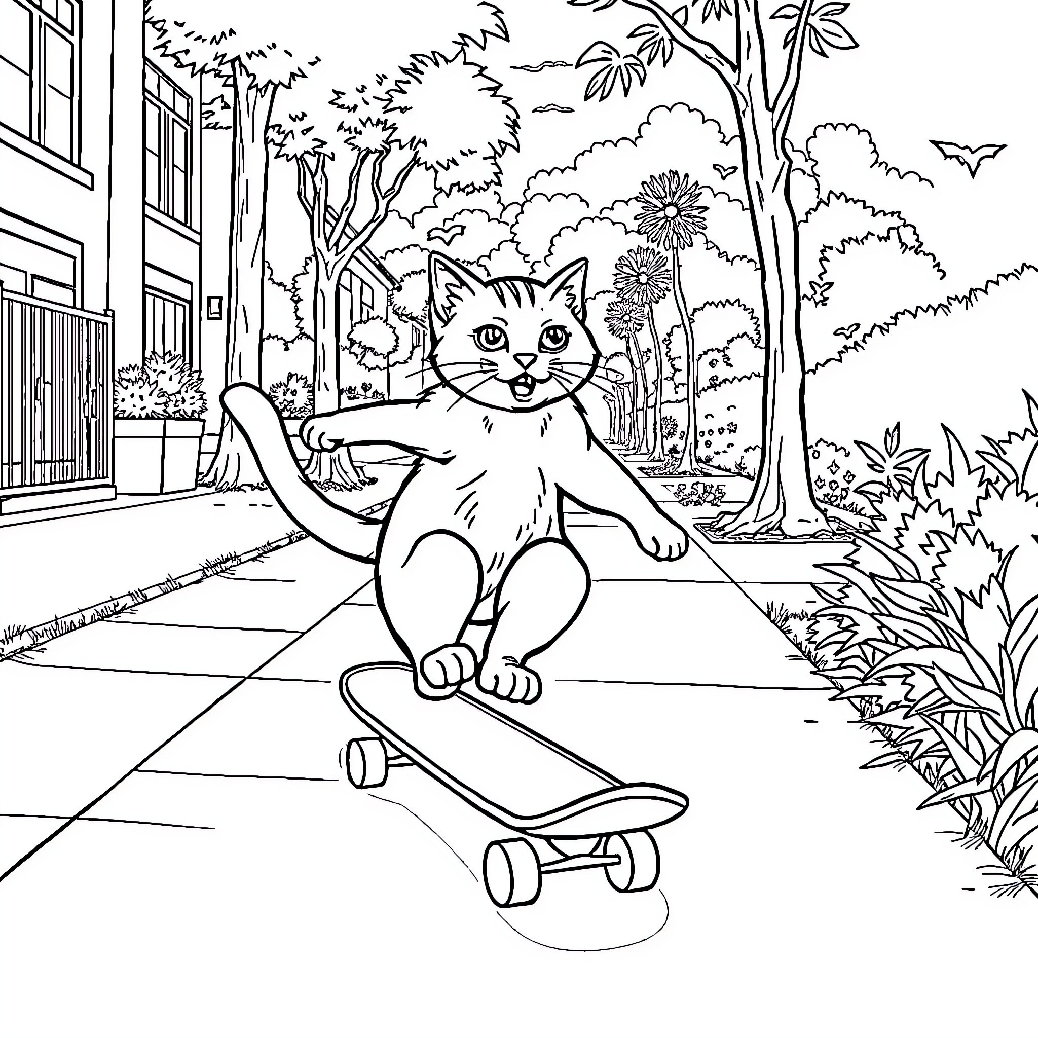 Cat Skateboarding in the Park Coloring Page (free black-and-white line drawing printable PDF for all, from beginners to advanced learners, including children, teens, adults, and seniors)
