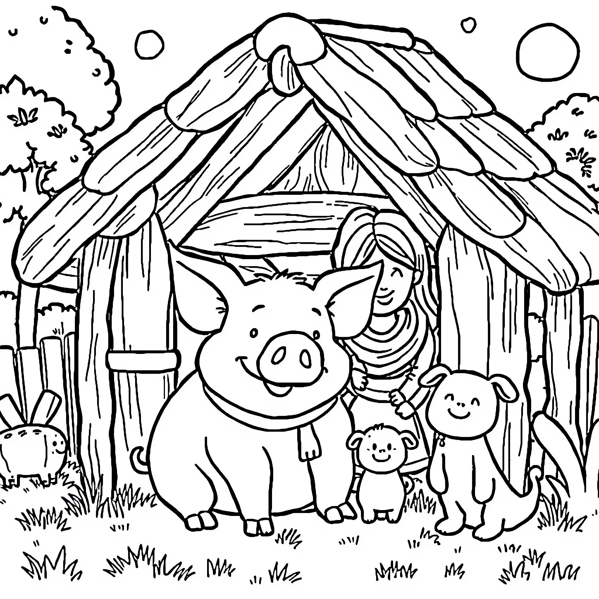 Pig family playing outside their hut Coloring Page (free black-and-white line drawing printable PDF for all, from beginners to advanced learners, including children, teens, adults, and seniors)