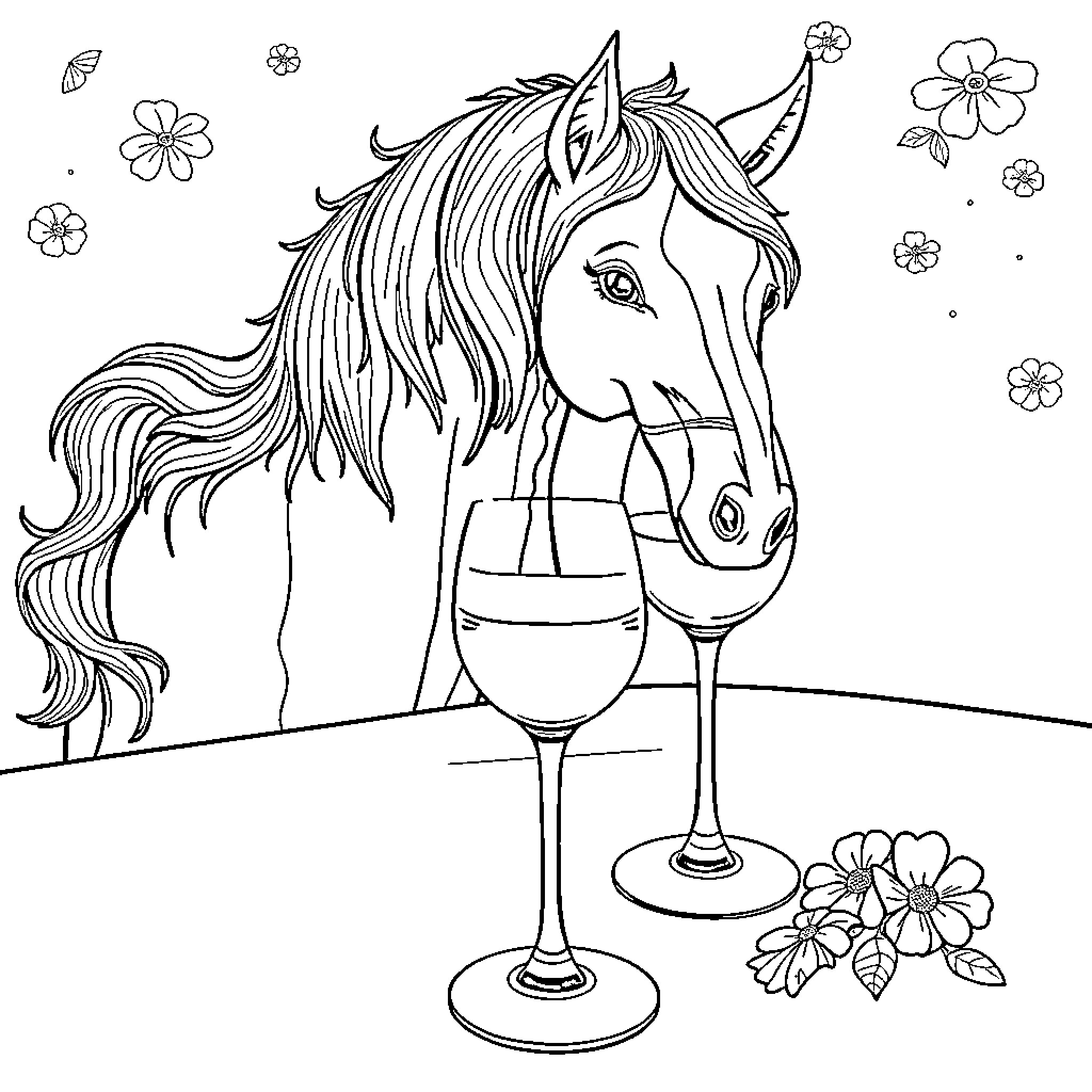 Wine and Dog Sharing a Peaceful Moment Coloring Page (free black-and-white line drawing printable PDF for all, from beginners to advanced learners, including children, teens, adults, and seniors)