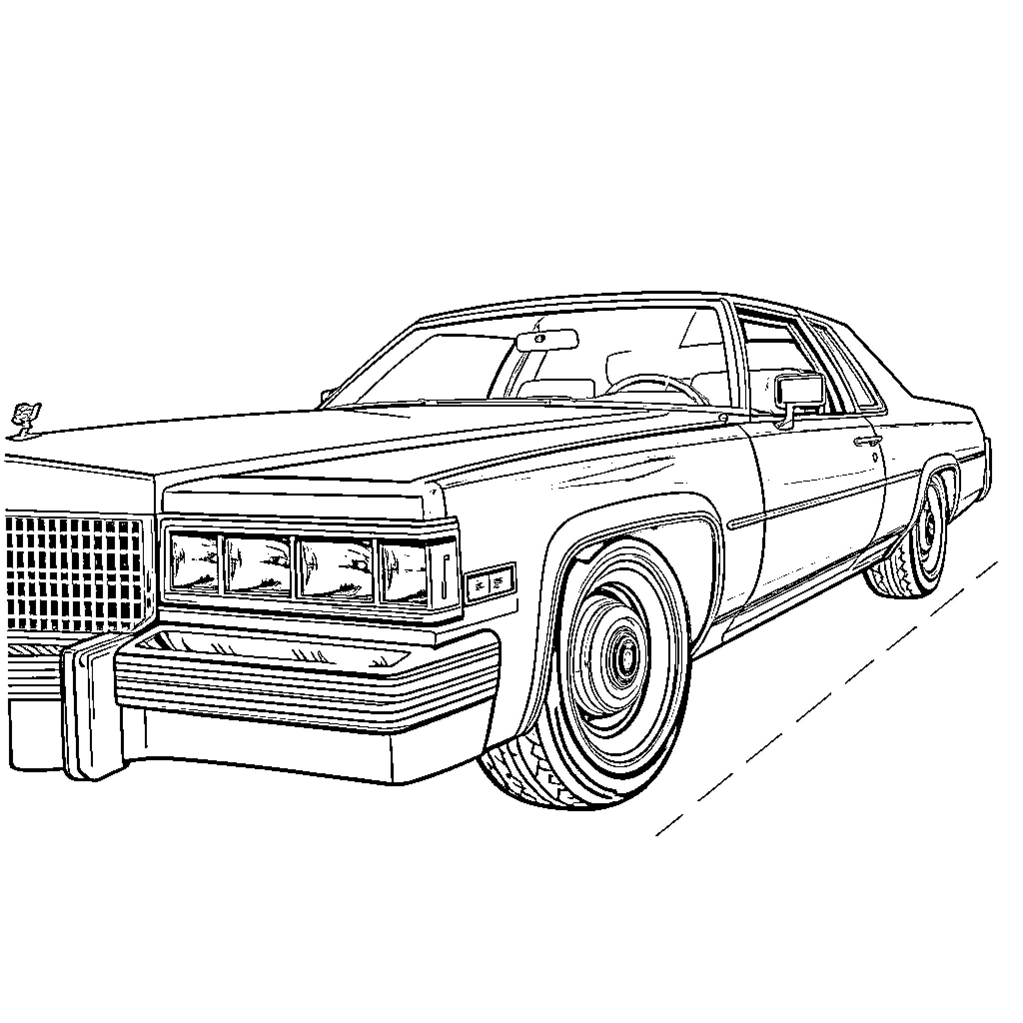 Cadillac Luxury Sedan on the Road Coloring Page (free black-and-white line drawing printable PDF for all, from beginners to advanced learners, including children, teens, adults, and seniors)