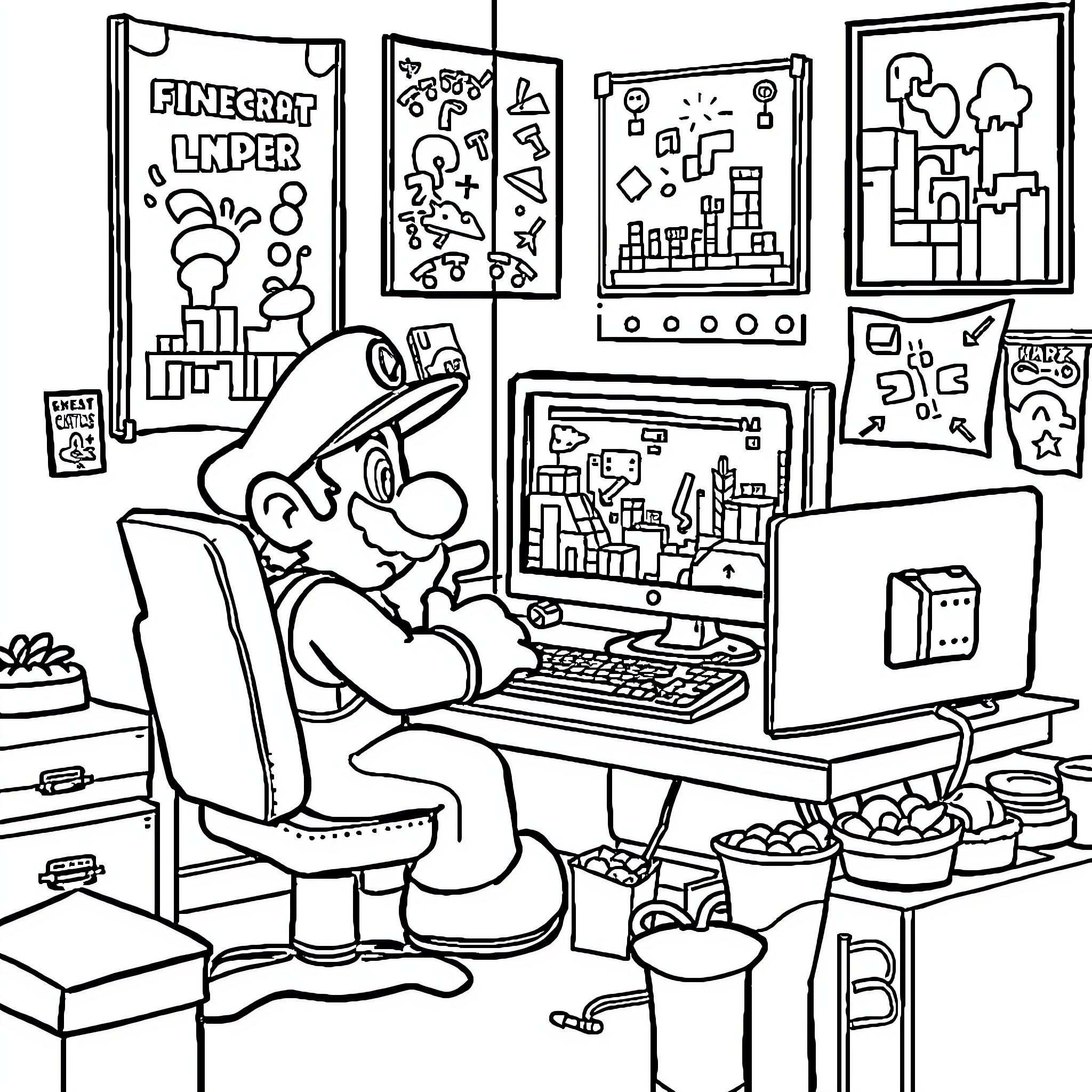 Mario Playing Minecraft on Computer in Gamer's Workspace Coloring Page (free black-and-white line drawing printable PDF for all, from beginners to advanced learners, including children, teens, adults, and seniors)