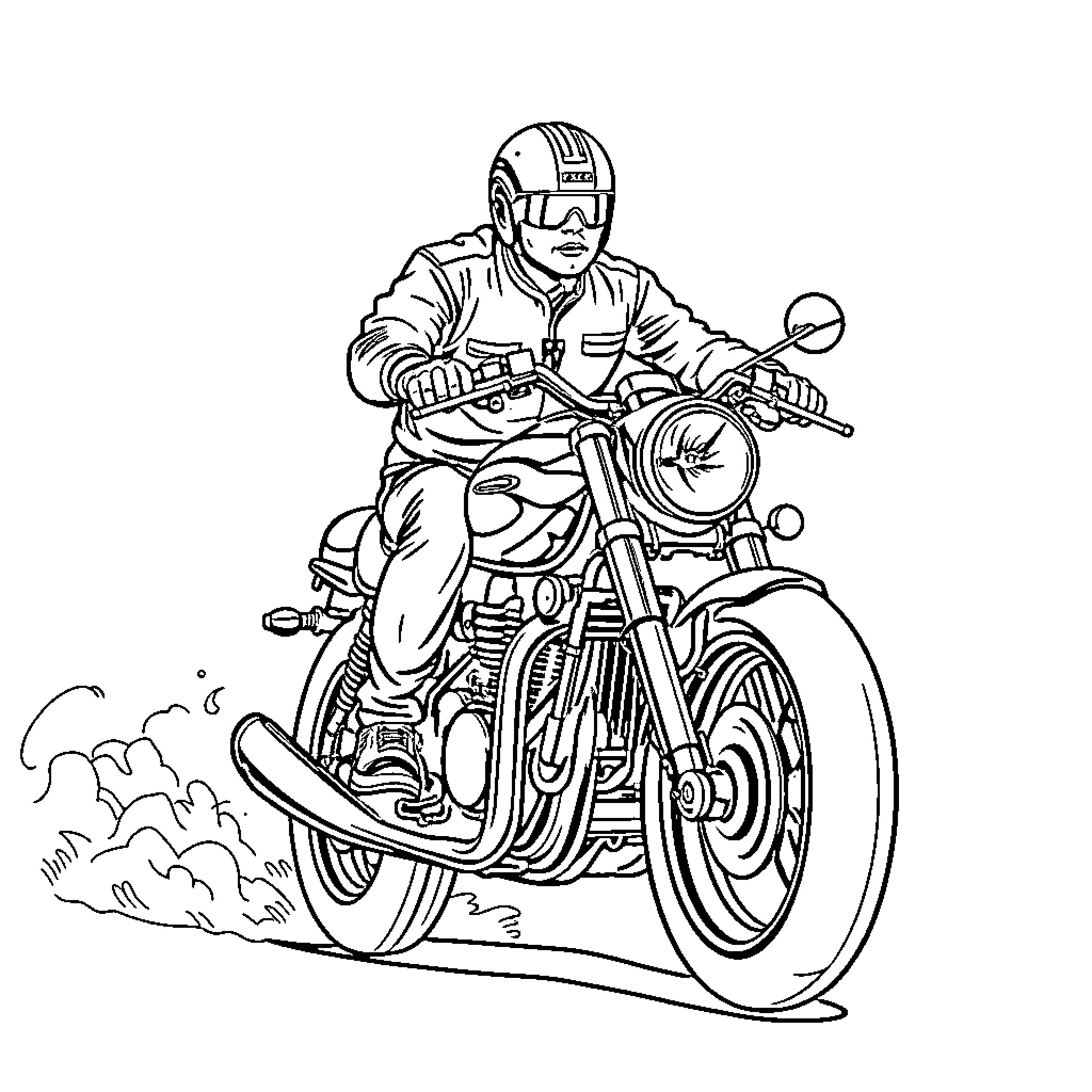 Man riding a motorcycle with determination Coloring Page (free black-and-white line drawing printable PDF for all, from beginners to advanced learners, including children, teens, adults, and seniors)