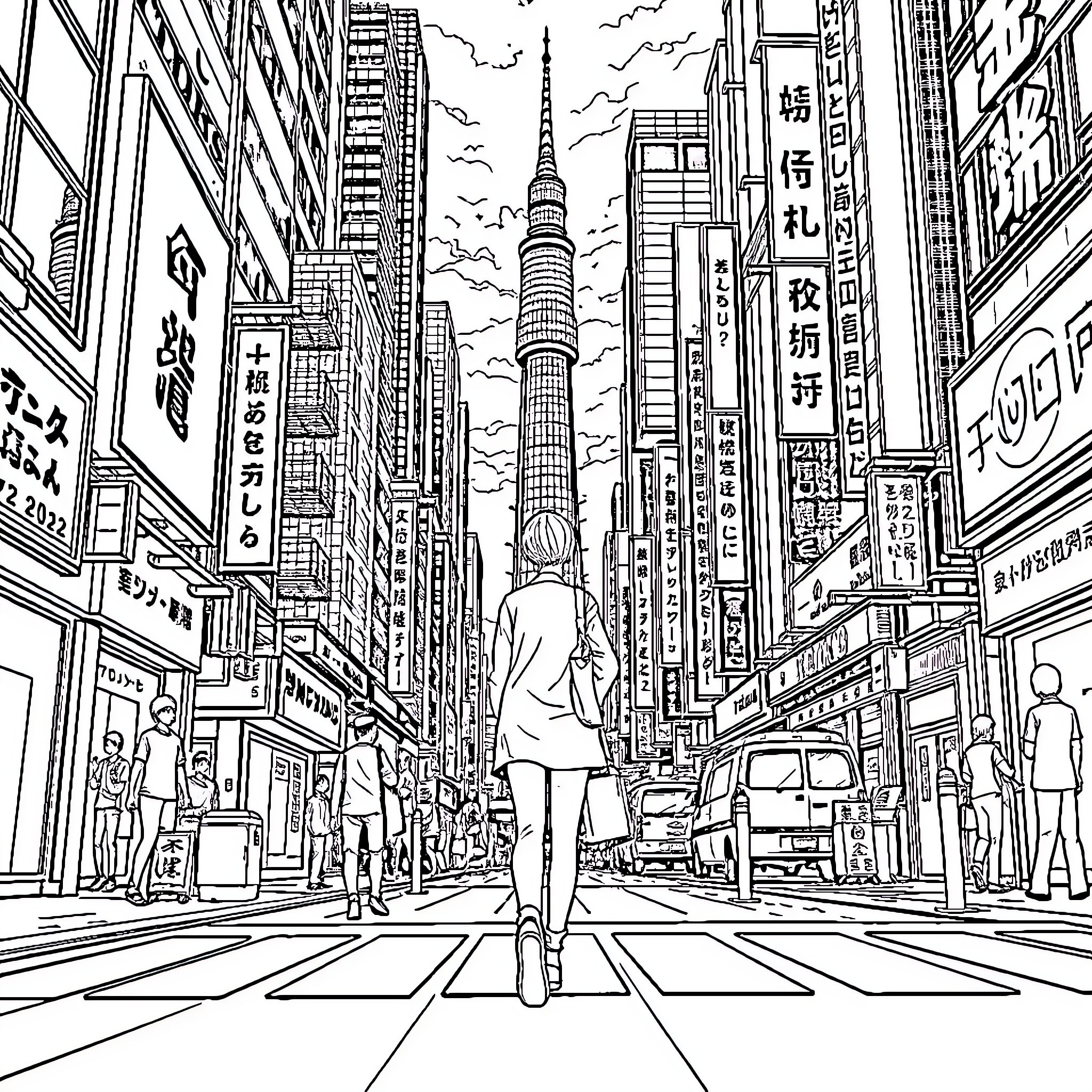 Anime Character Exploring Bustling Urban Cityscape Coloring Page (free black-and-white line drawing printable PDF for all, from beginners to advanced learners, including children, teens, adults, and seniors)