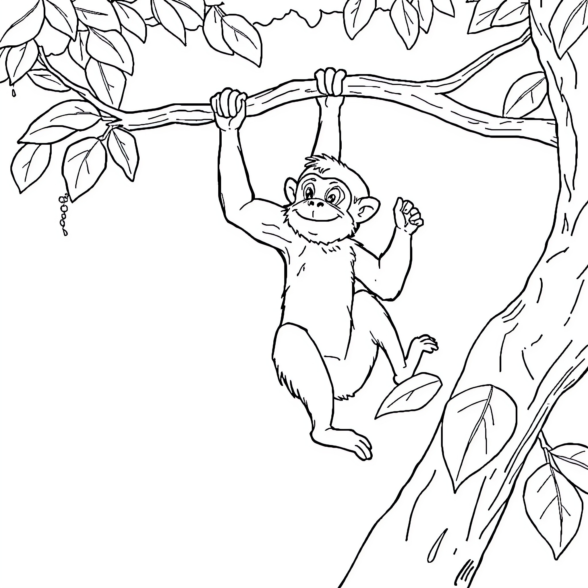 Monkey swinging on a branch in the jungle Coloring Page (free black-and-white line drawing printable PDF for all, from beginners to advanced learners, including children, teens, adults, and seniors)