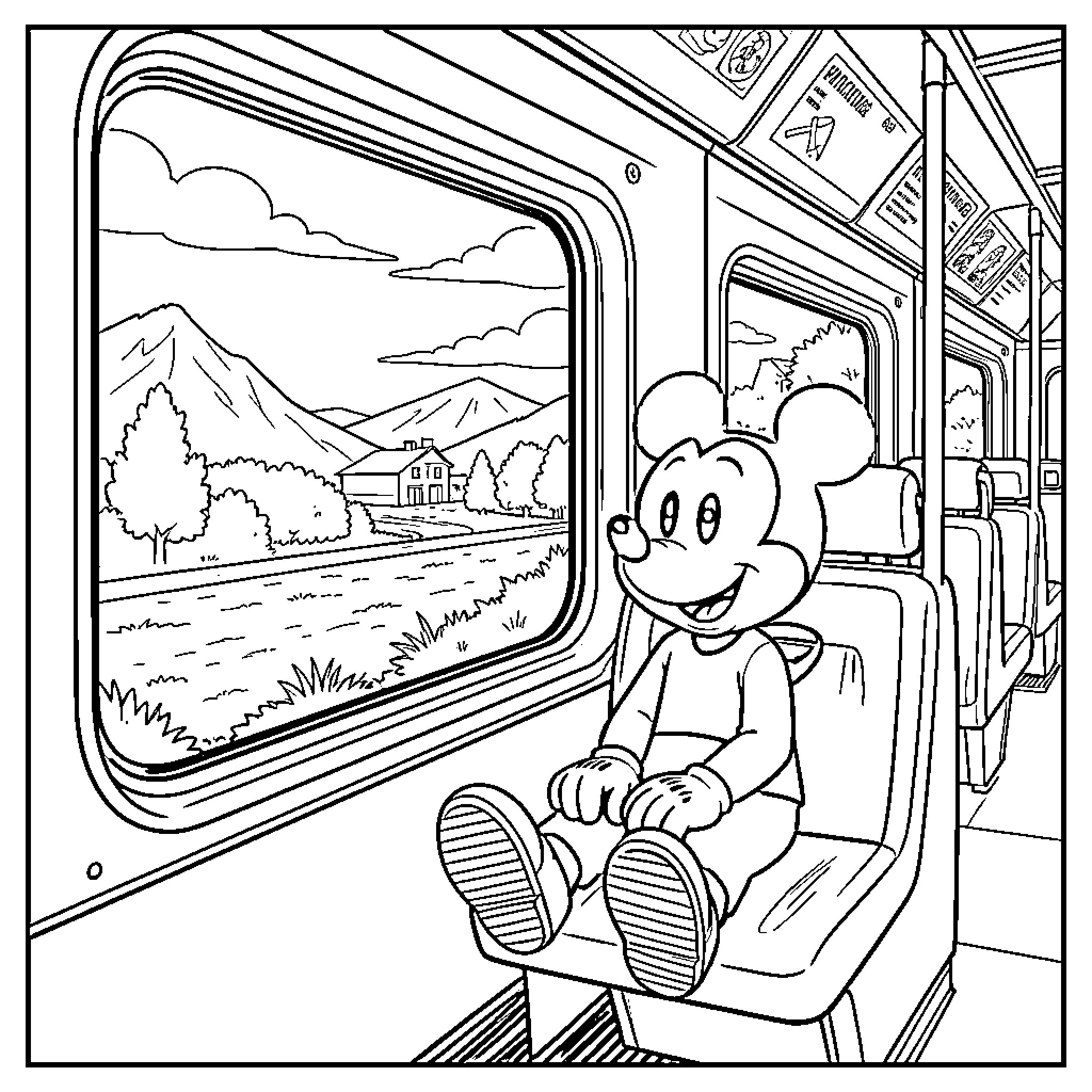Mikey sitting happily on a train looking out window Coloring Page (free black-and-white line drawing printable PDF for all, from beginners to advanced learners, including children, teens, adults, and seniors)