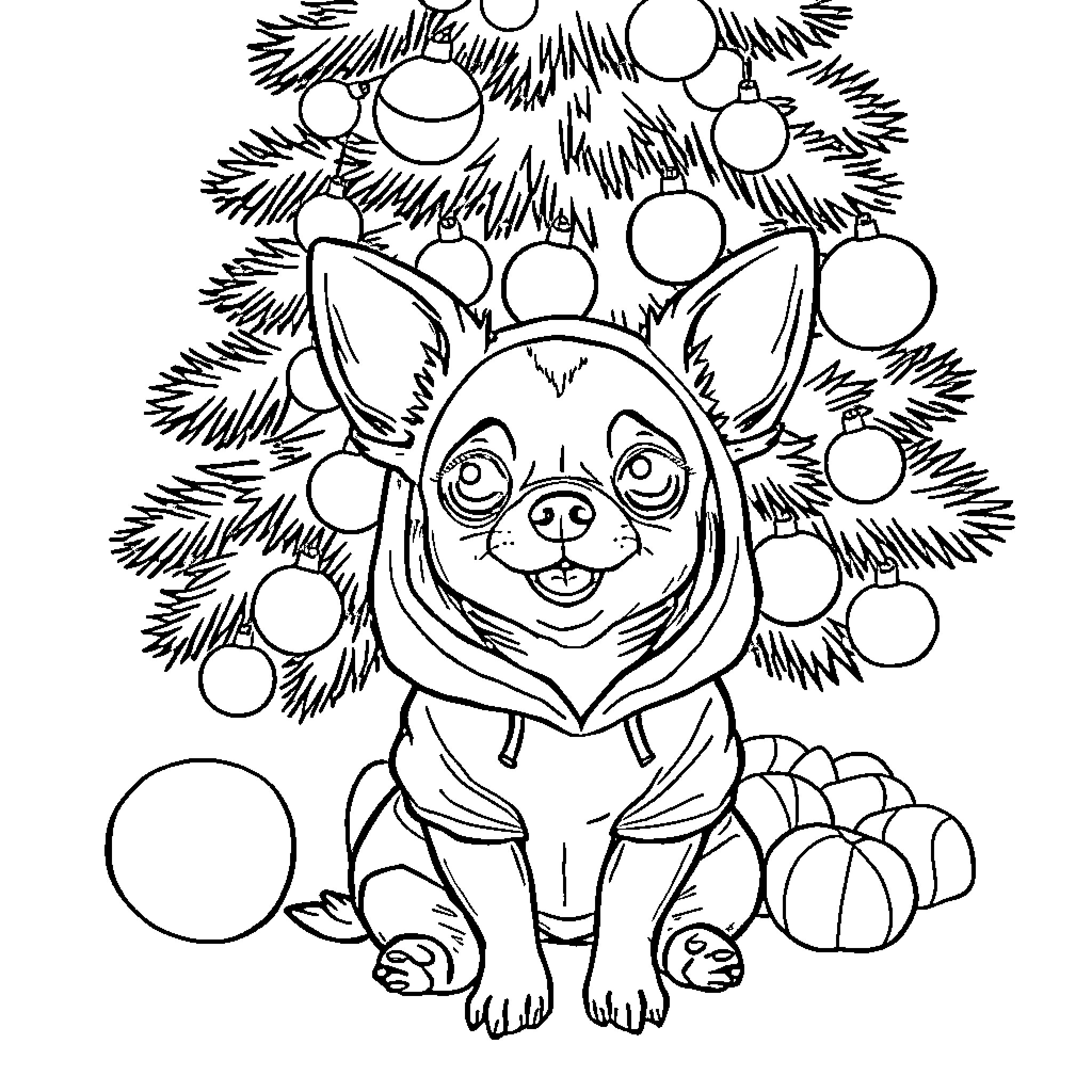 Chihuahua wearing festive attire under Christmas tree Coloring Page (free black-and-white line drawing printable PDF for all, from beginners to advanced learners, including children, teens, adults, and seniors)