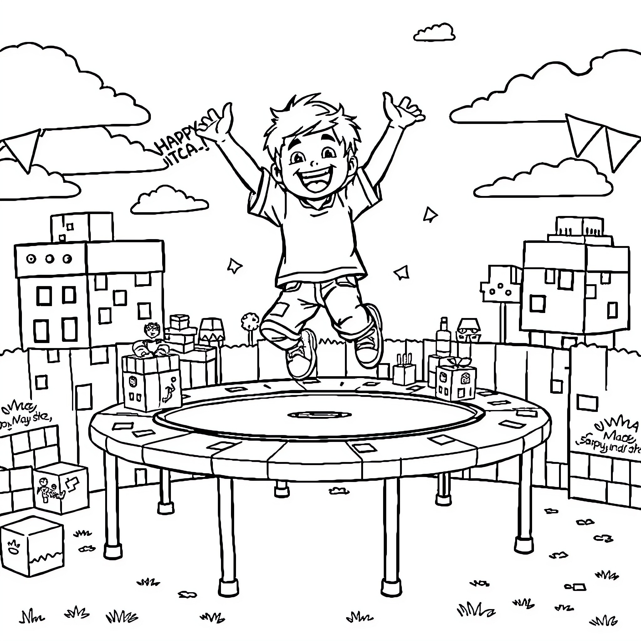 Boy celebrating joyfully on a trampoline in the city Coloring Page (free black-and-white line drawing printable PDF for all, from beginners to advanced learners, including children, teens, adults, and seniors)