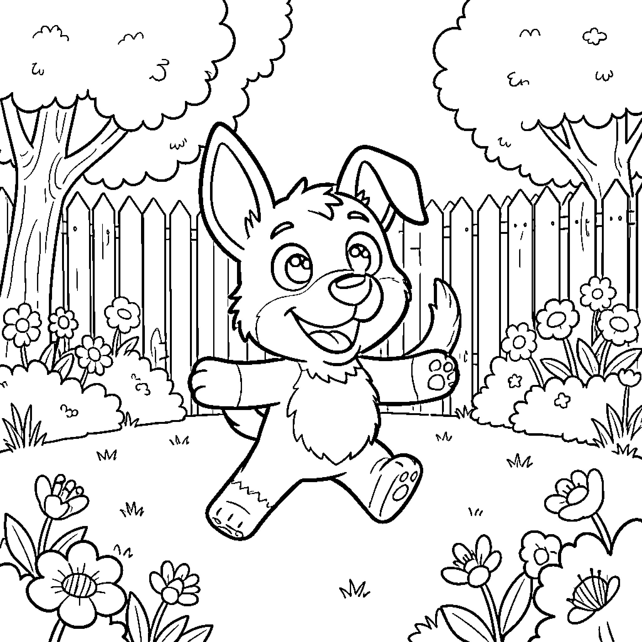 Bluey exploring a garden with flowers and trees Coloring Page (free black-and-white line drawing printable PDF for all, from beginners to advanced learners, including children, teens, adults, and seniors)