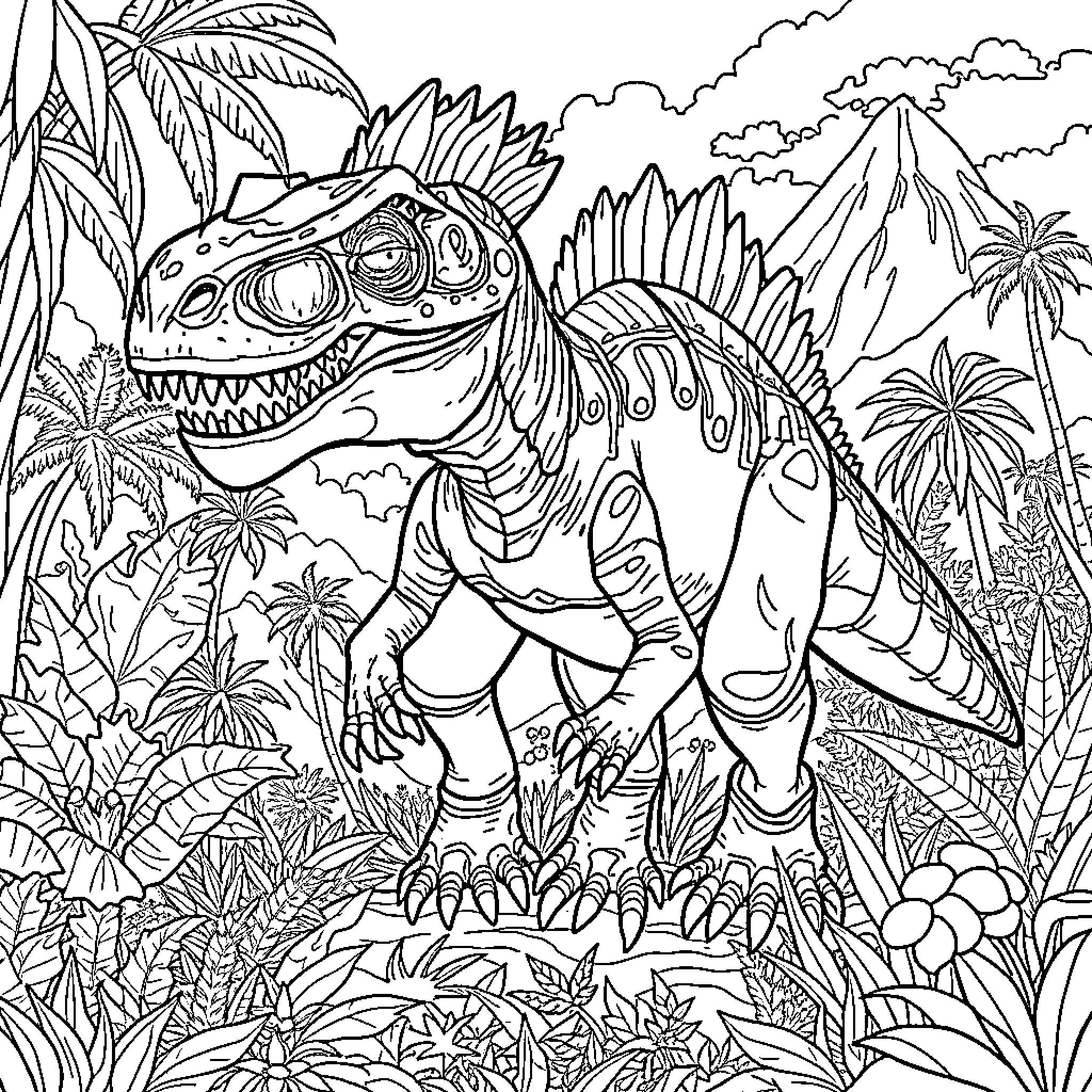 Dinosaur exploring the lush tropical forest Coloring Page (free black-and-white line drawing printable PDF for all, from beginners to advanced learners, including children, teens, adults, and seniors)