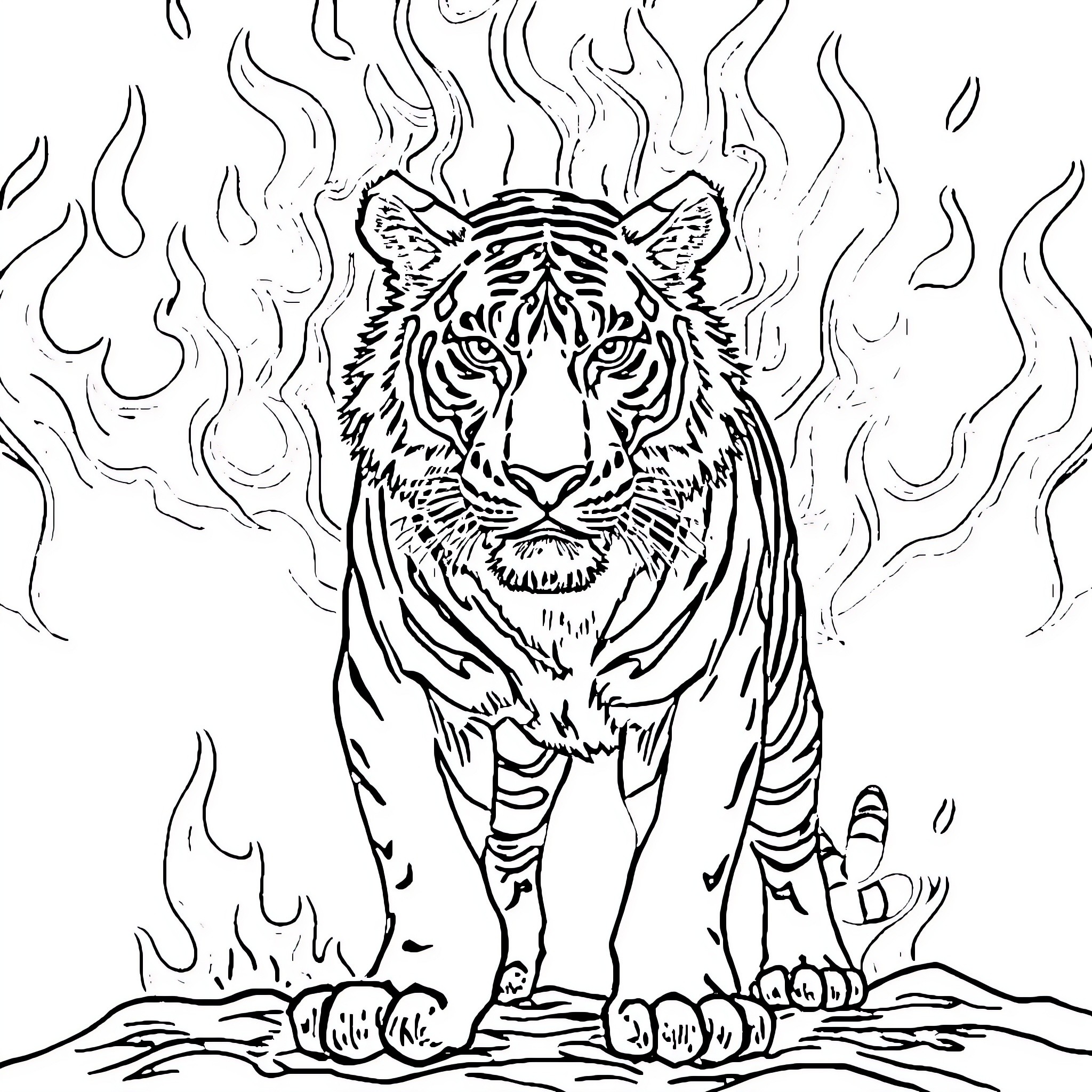 Tiger breathing flames in the wild Coloring Page (free black-and-white line drawing printable PDF for all, from beginners to advanced learners, including children, teens, adults, and seniors)