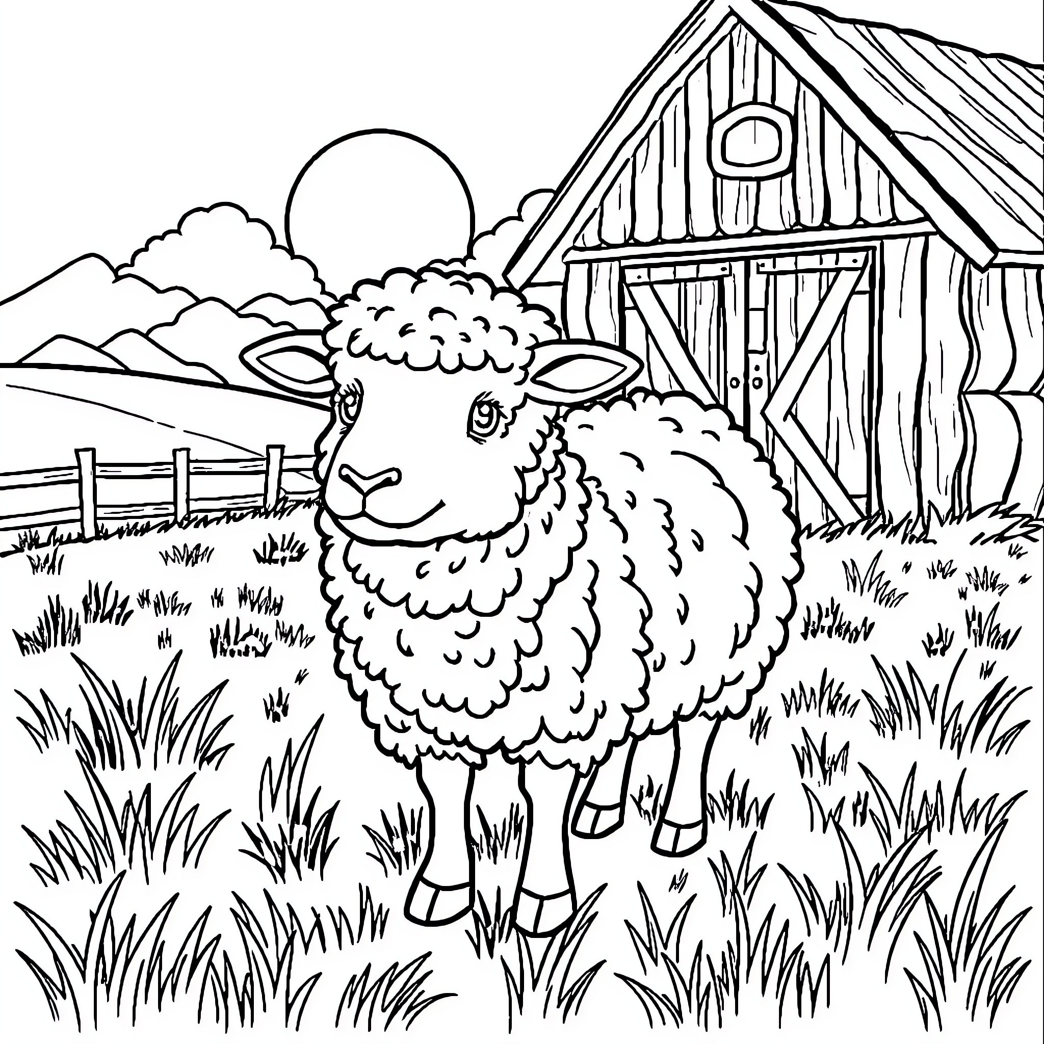 Sheep enjoying the countryside scenery Coloring Page (free black-and-white line drawing printable PDF for all, from beginners to advanced learners, including children, teens, adults, and seniors)