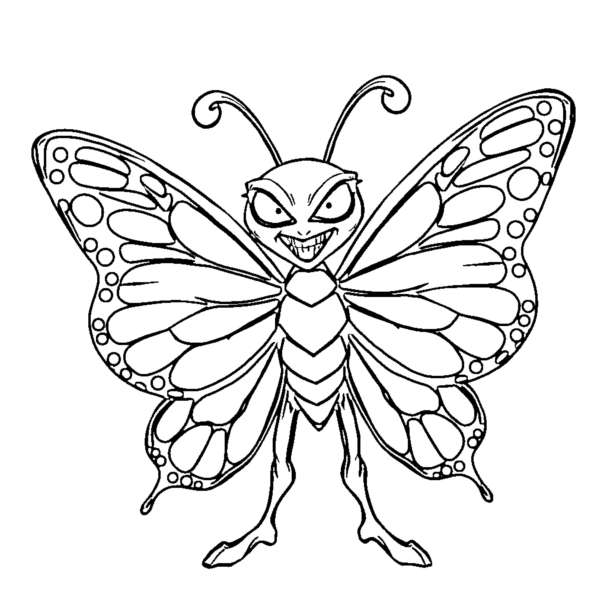 Butterfly with a mischievous expression Coloring Page (free black-and-white line drawing printable PDF for all, from beginners to advanced learners, including children, teens, adults, and seniors)
