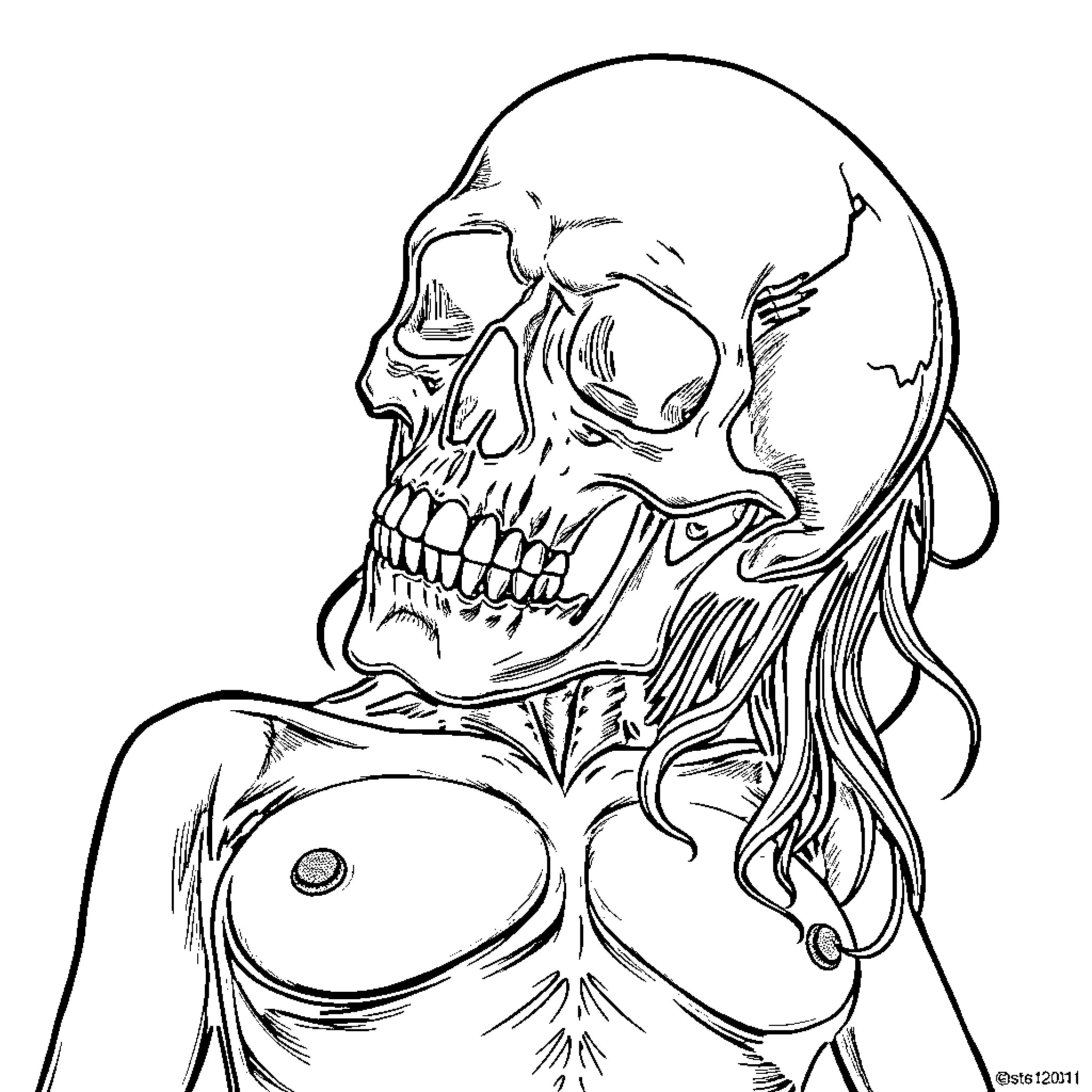 Skull with Ominous Expression and Skeletal Features Coloring Page (free black-and-white line drawing printable PDF for all, from beginners to advanced learners, including children, teens, adults, and seniors)