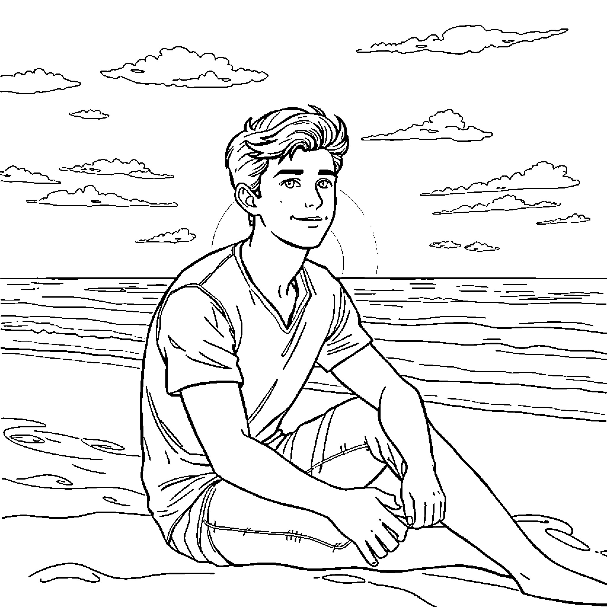 Conrad's tranquil respite by the shore Coloring Page (free black-and-white line drawing printable PDF for all, from beginners to advanced learners, including children, teens, adults, and seniors)