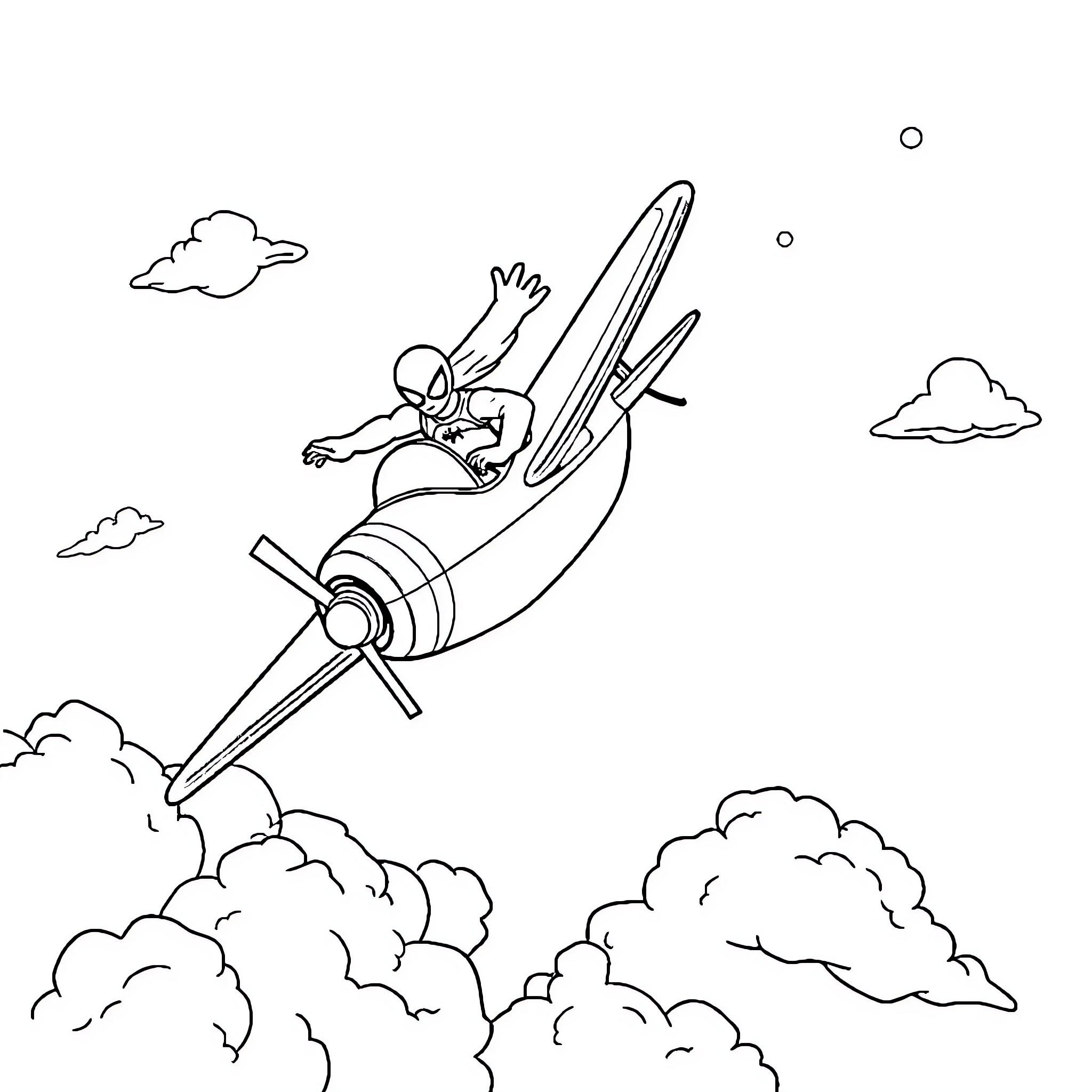 Spiderman soaring through the sky in a propeller plane Coloring Page (free black-and-white line drawing printable PDF for all, from beginners to advanced learners, including children, teens, adults, and seniors)