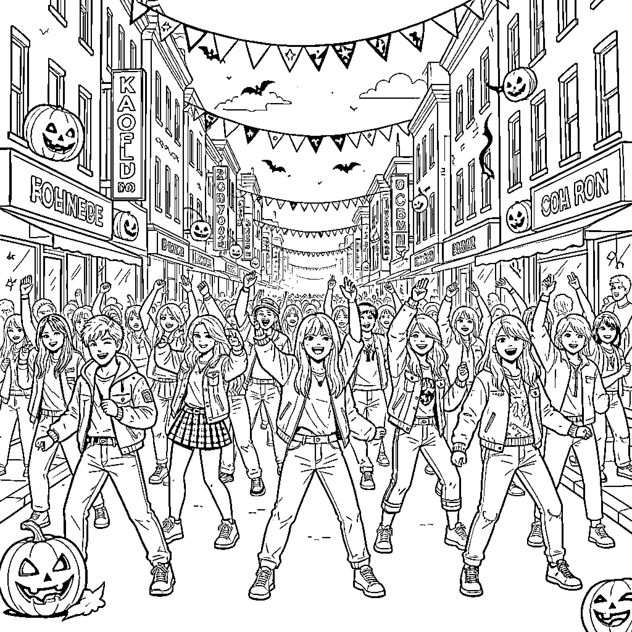Kpop idols celebrating a festive street parade Coloring Page (free black-and-white line drawing printable PDF for all, from beginners to advanced learners, including children, teens, adults, and seniors)