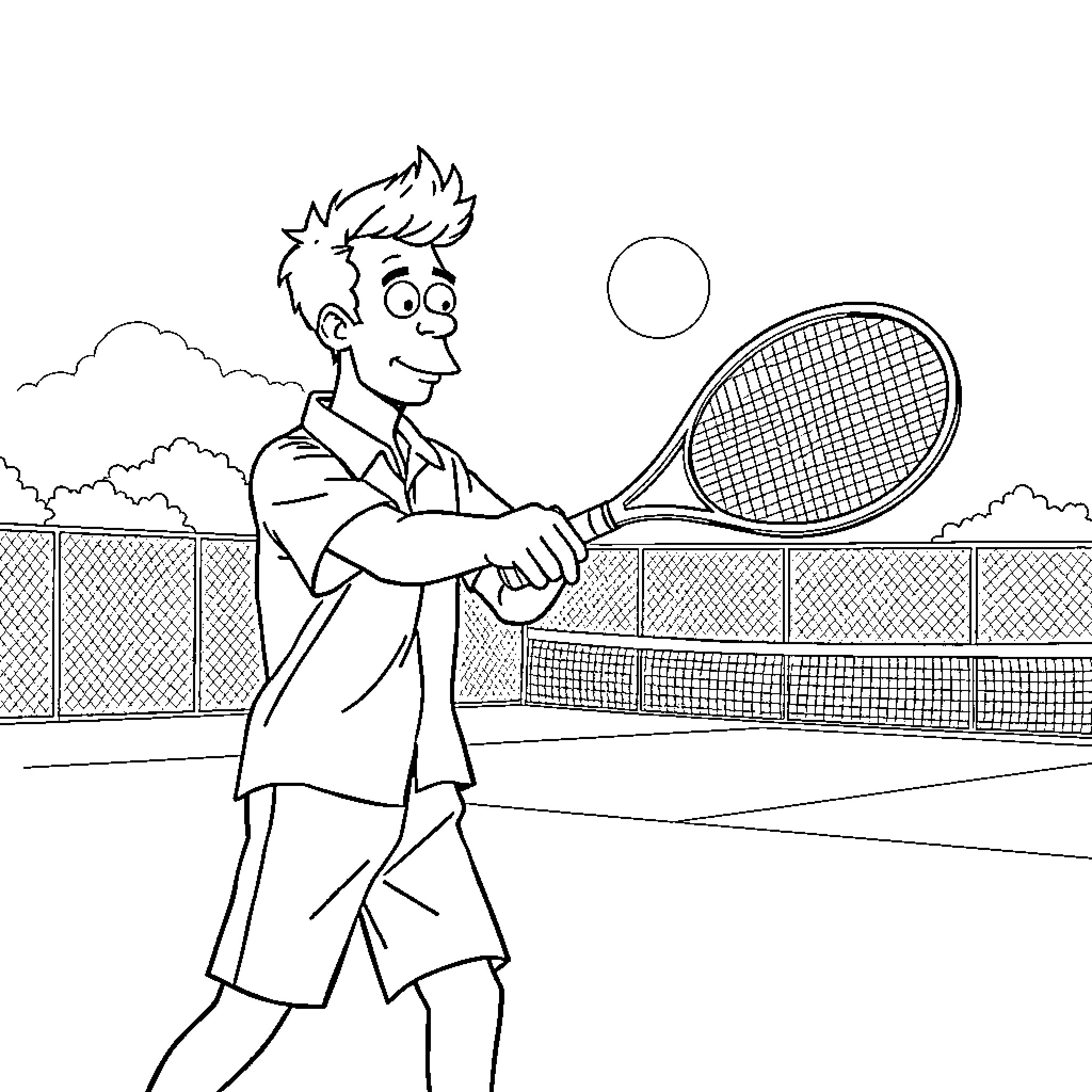 Kramer playing tennis on the court Coloring Page (free black-and-white line drawing printable PDF for all, from beginners to advanced learners, including children, teens, adults, and seniors)