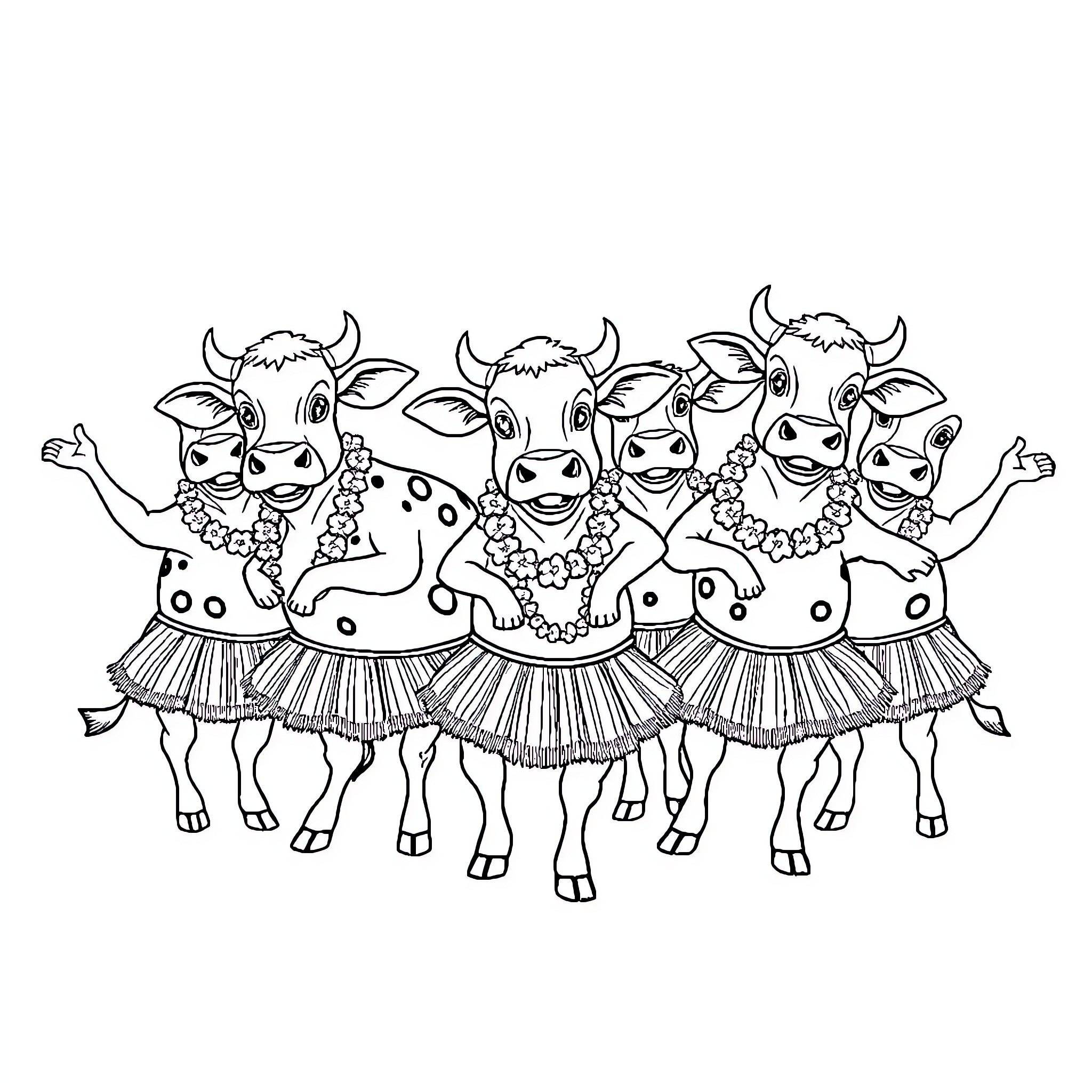 Cows dancing in festive outfits Coloring Page (free black-and-white line drawing printable PDF for all, from beginners to advanced learners, including children, teens, adults, and seniors)