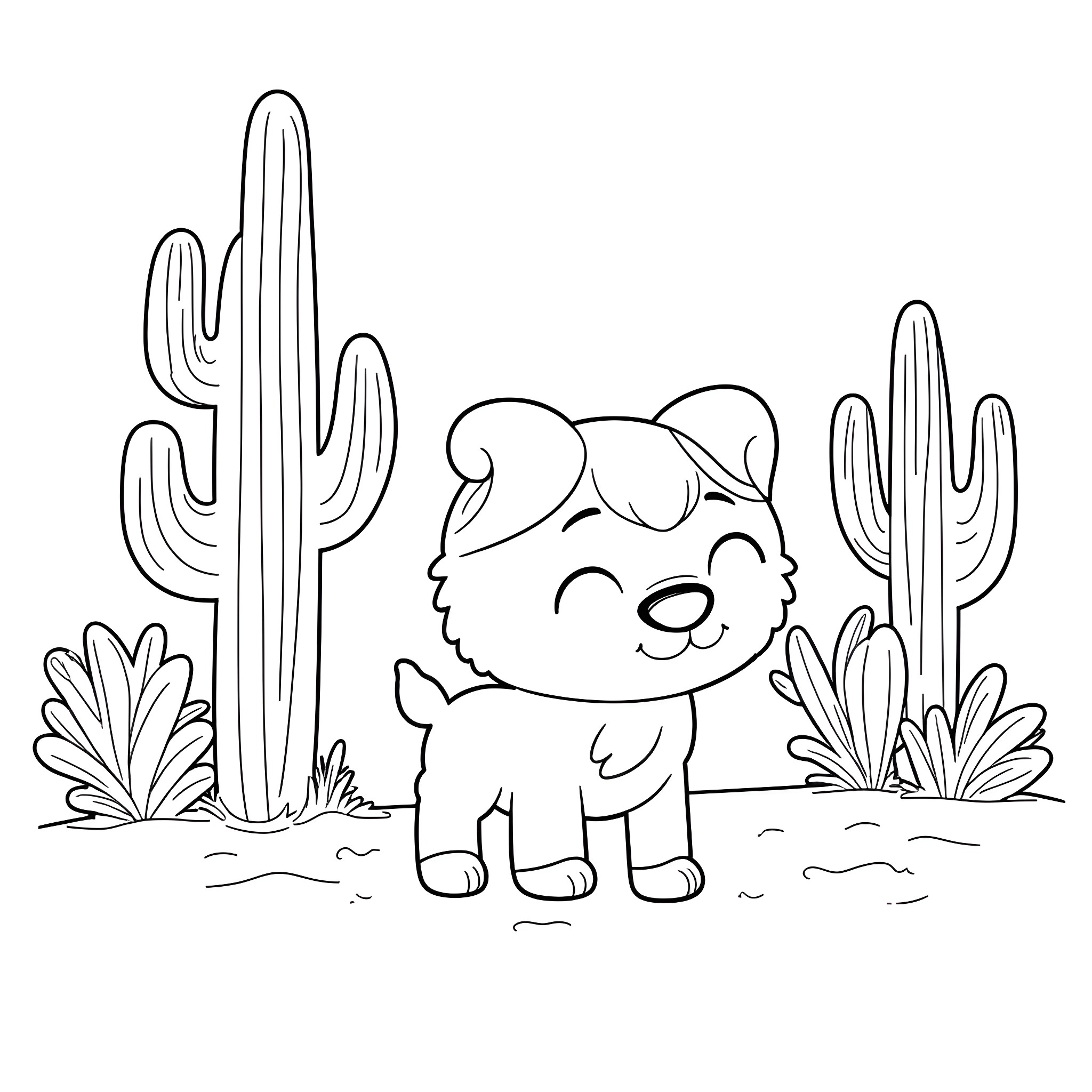 Bluey playing in the desert with cacti Coloring Page (free black-and-white line drawing printable PDF for all, from beginners to advanced learners, including children, teens, adults, and seniors)