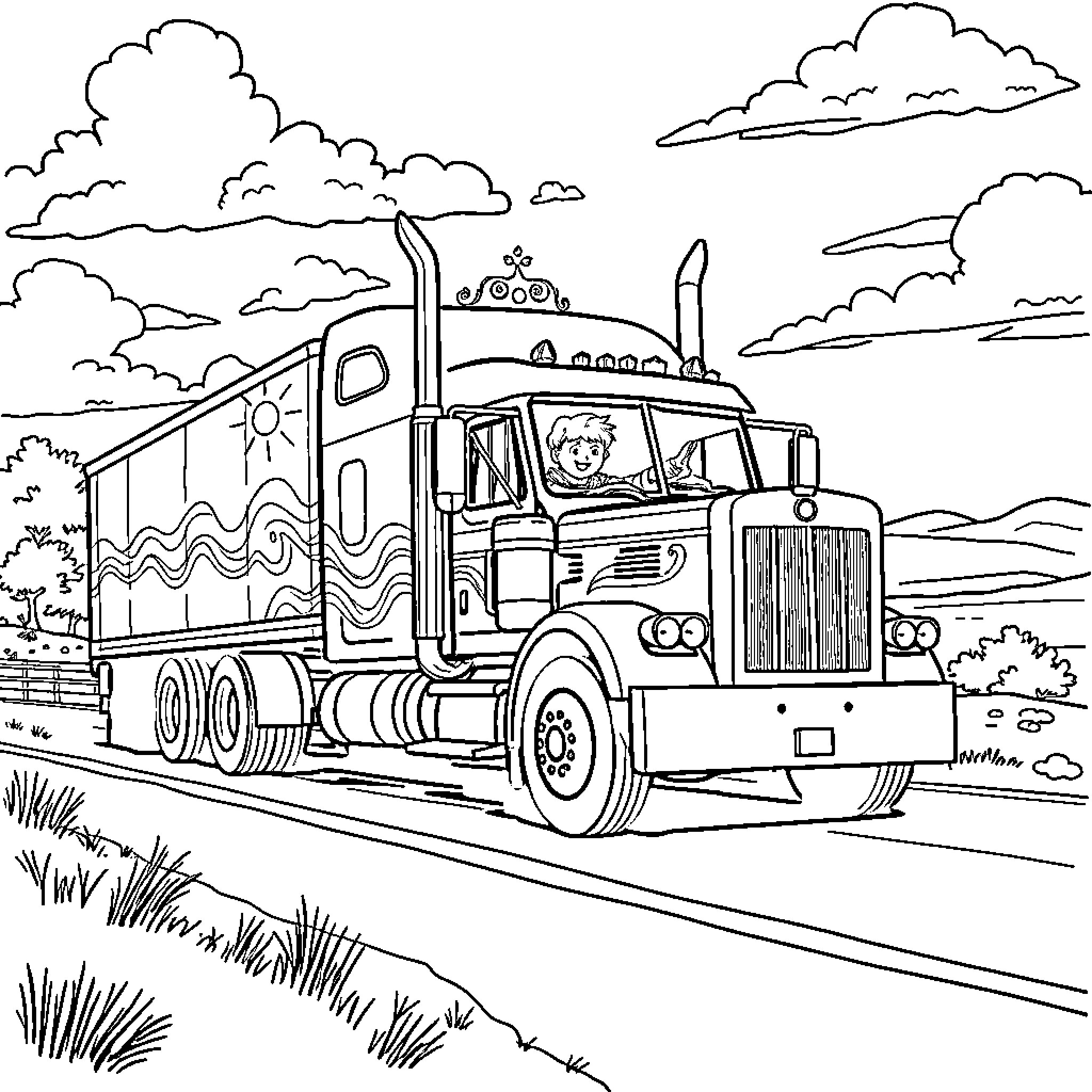 Queen's Commanding Truck on the Road Coloring Page (free black-and-white line drawing printable PDF for all, from beginners to advanced learners, including children, teens, adults, and seniors)