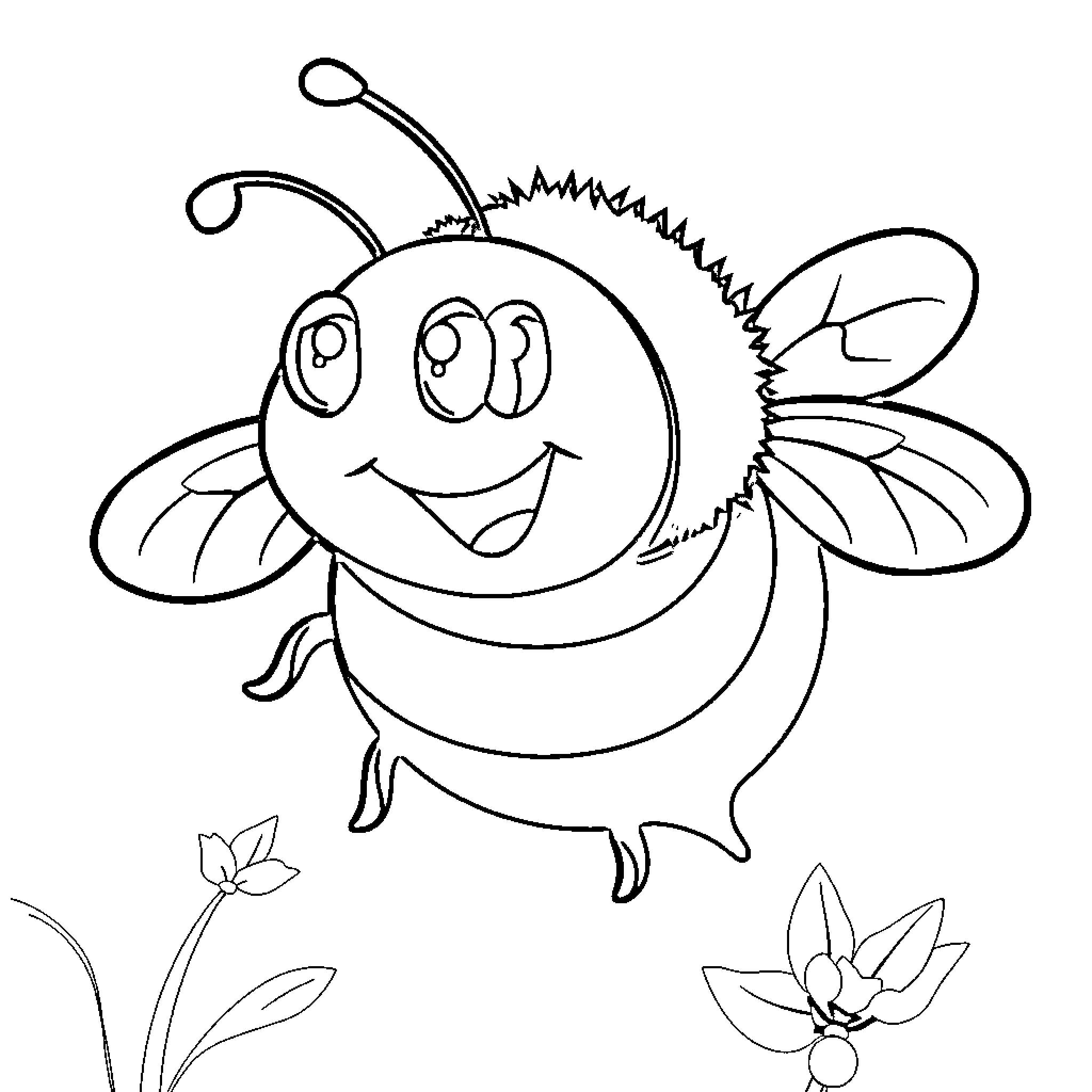Bee buzzing happily in the garden Coloring Page (free black-and-white line drawing printable PDF for all, from beginners to advanced learners, including children, teens, adults, and seniors)