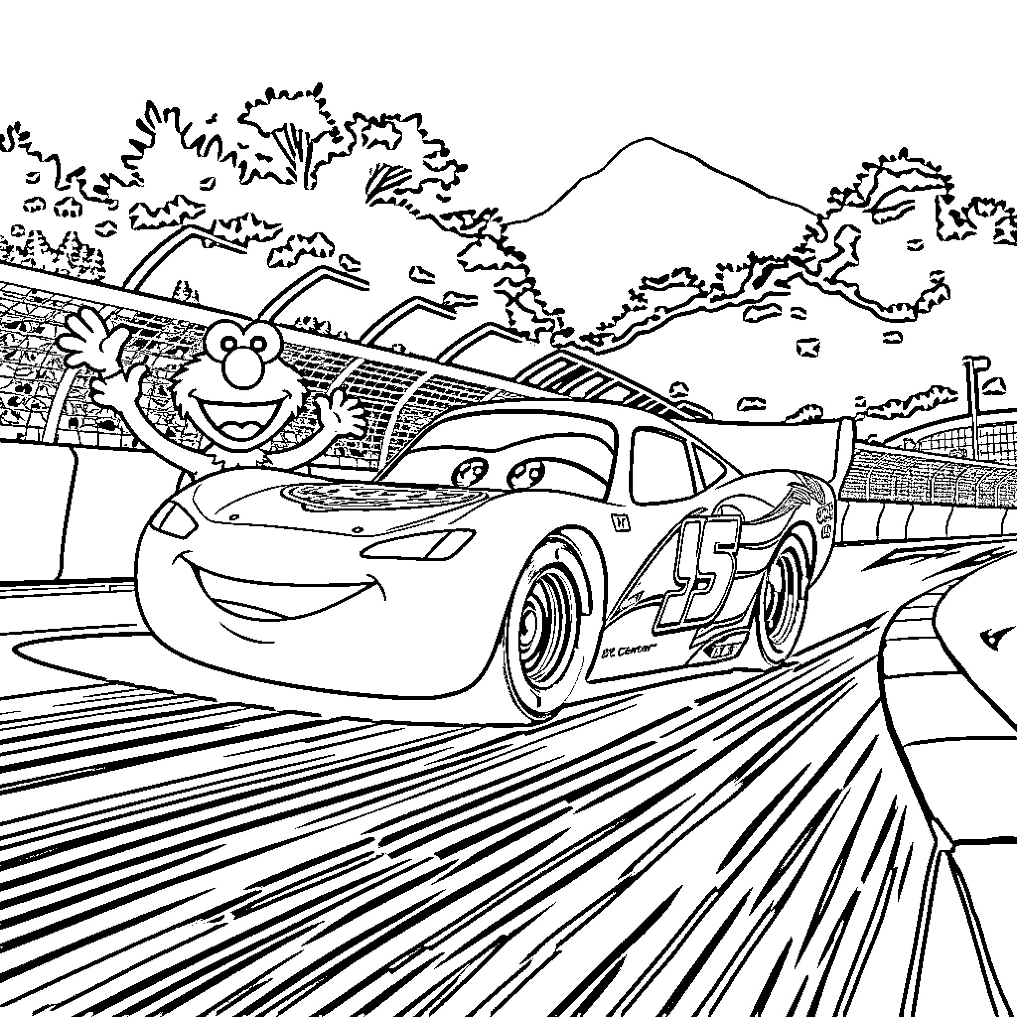 Lightning McQueen racing through a scenic landscape Coloring Page (free black-and-white line drawing printable PDF for all, from beginners to advanced learners, including children, teens, adults, and seniors)