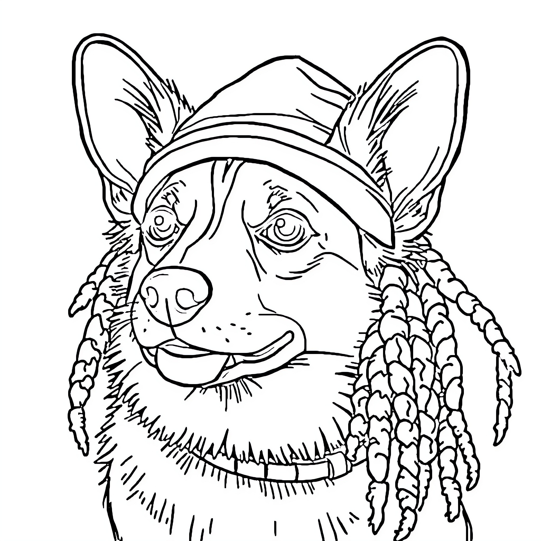 Corgi Wearing a Colorful Hat Coloring Page (free black-and-white line drawing printable PDF for all, from beginners to advanced learners, including children, teens, adults, and seniors)