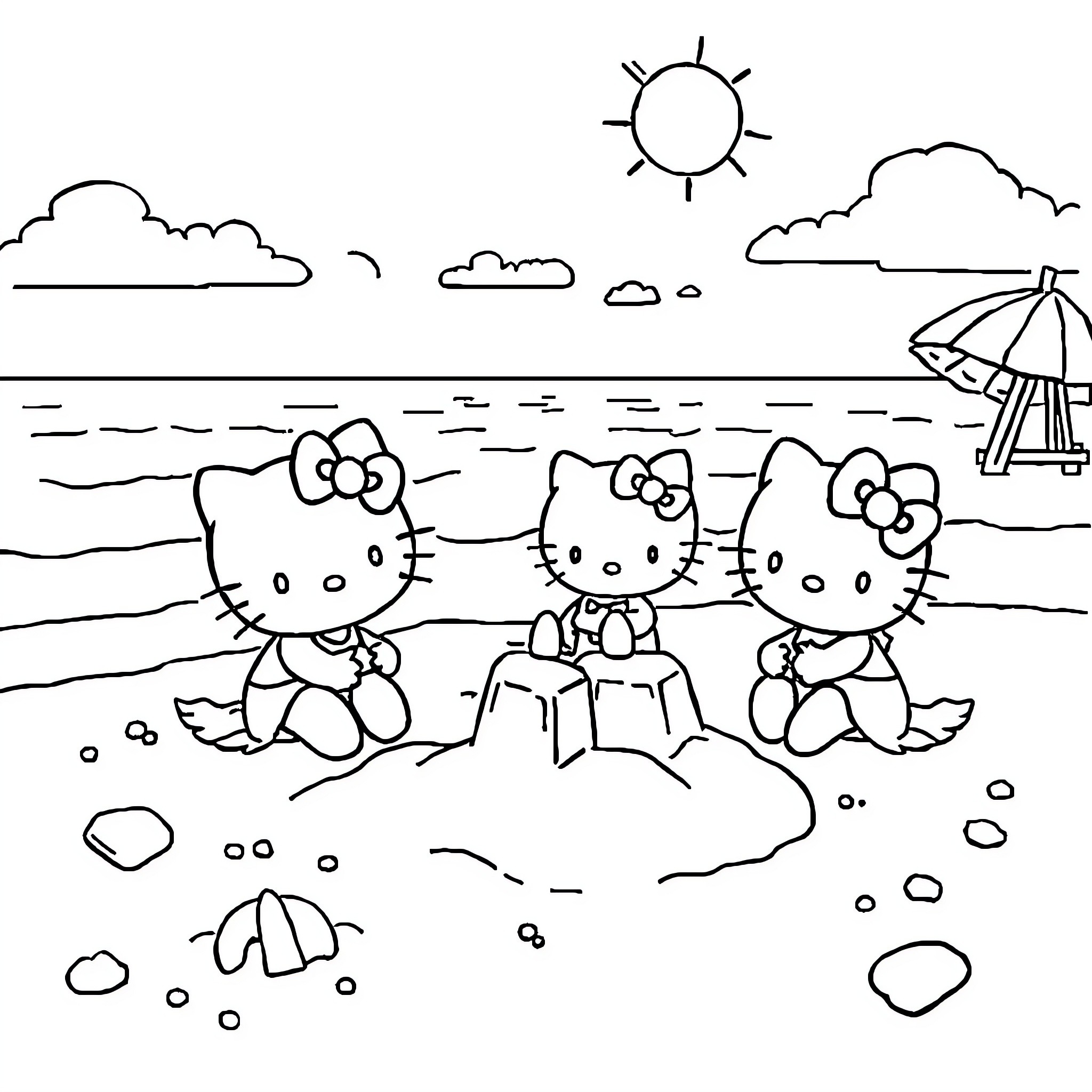 Hello Kitty Friends Relaxing at the Beach Coloring Page (free black-and-white line drawing printable PDF for all, from beginners to advanced learners, including children, teens, adults, and seniors)