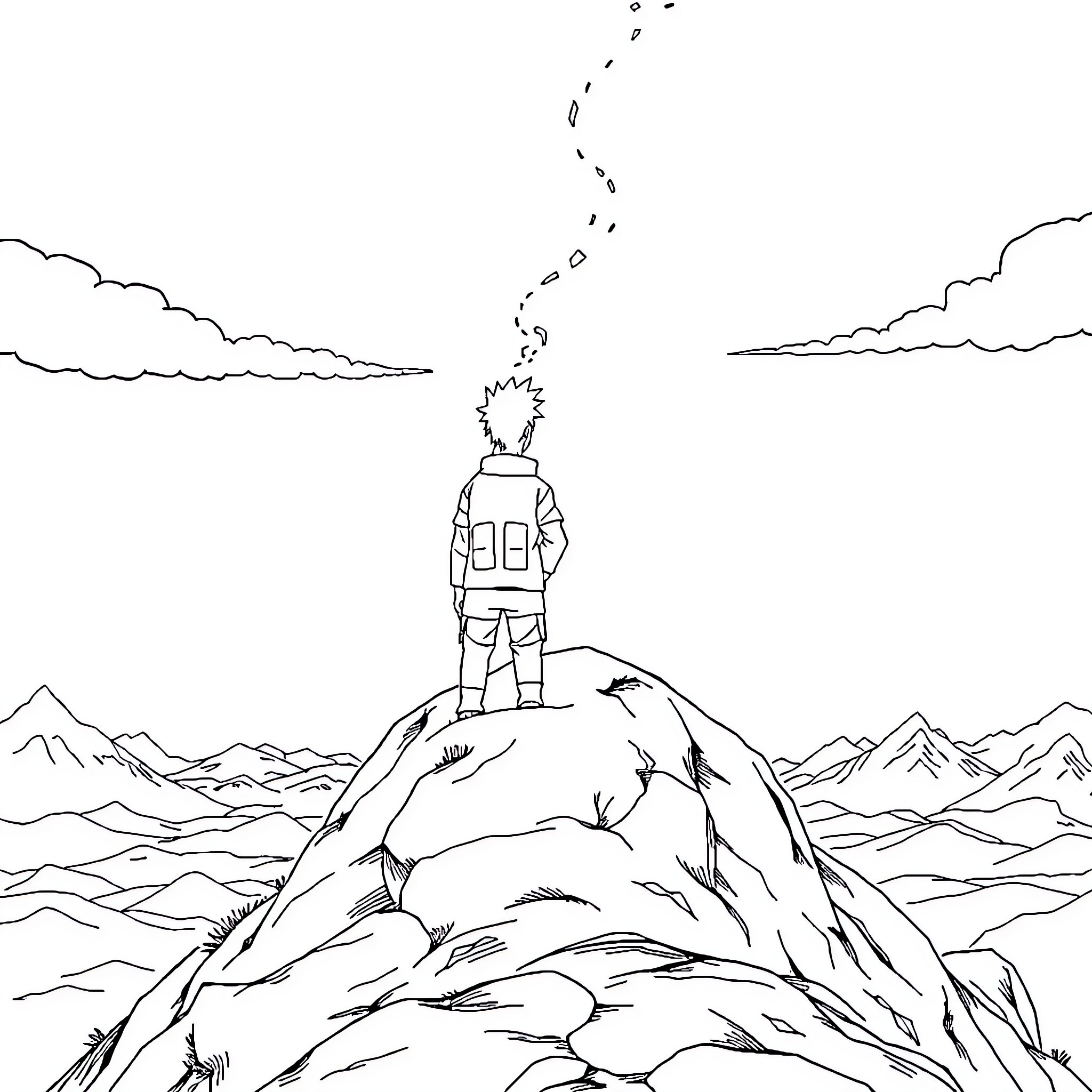 Naruto character standing on a rocky mountain peak Coloring Page (free black-and-white line drawing printable PDF for all, from beginners to advanced learners, including children, teens, adults, and seniors)
