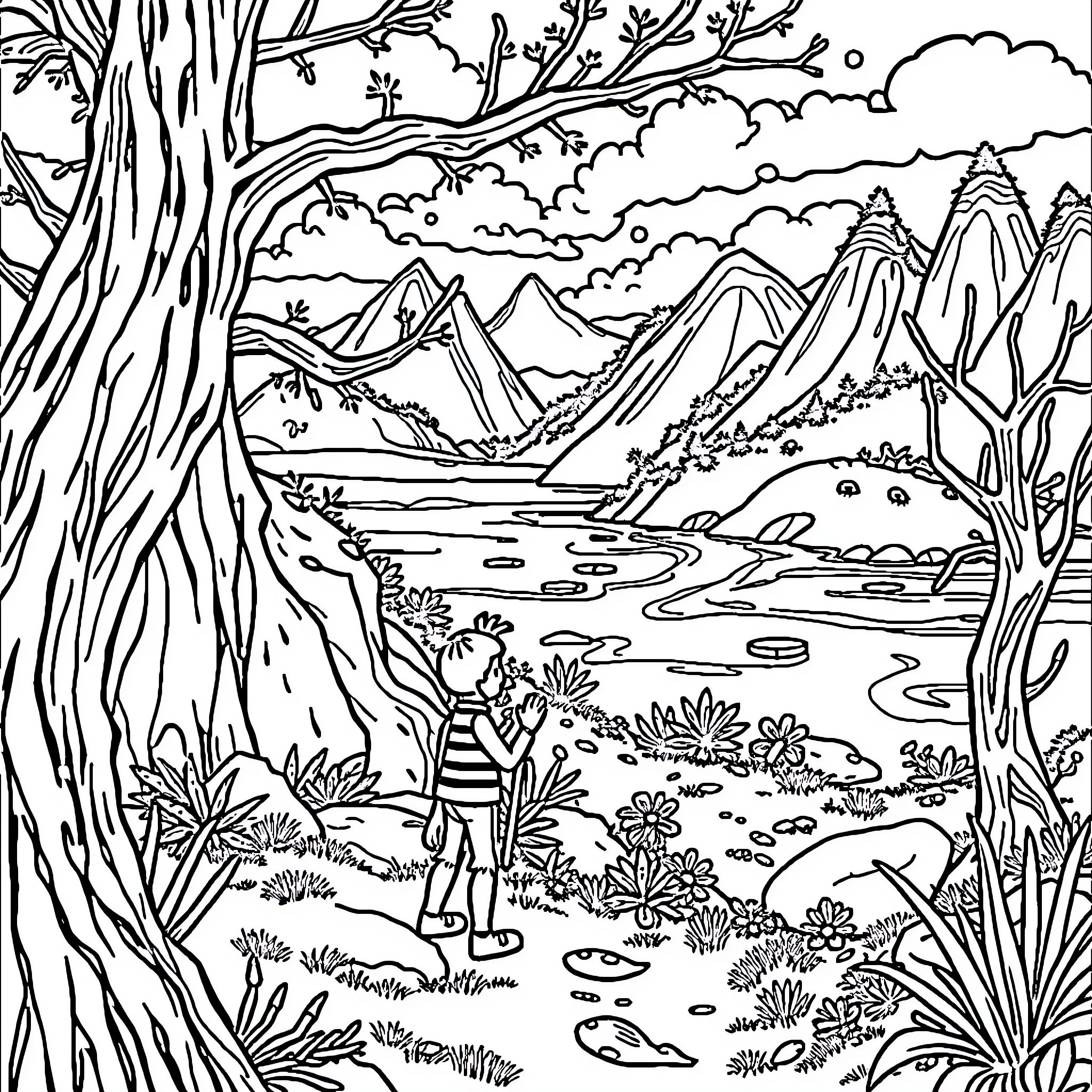 Wally's Outdoor Adventure in the Enchanted Forest Coloring Page (free black-and-white line drawing printable PDF for all, from beginners to advanced learners, including children, teens, adults, and seniors)