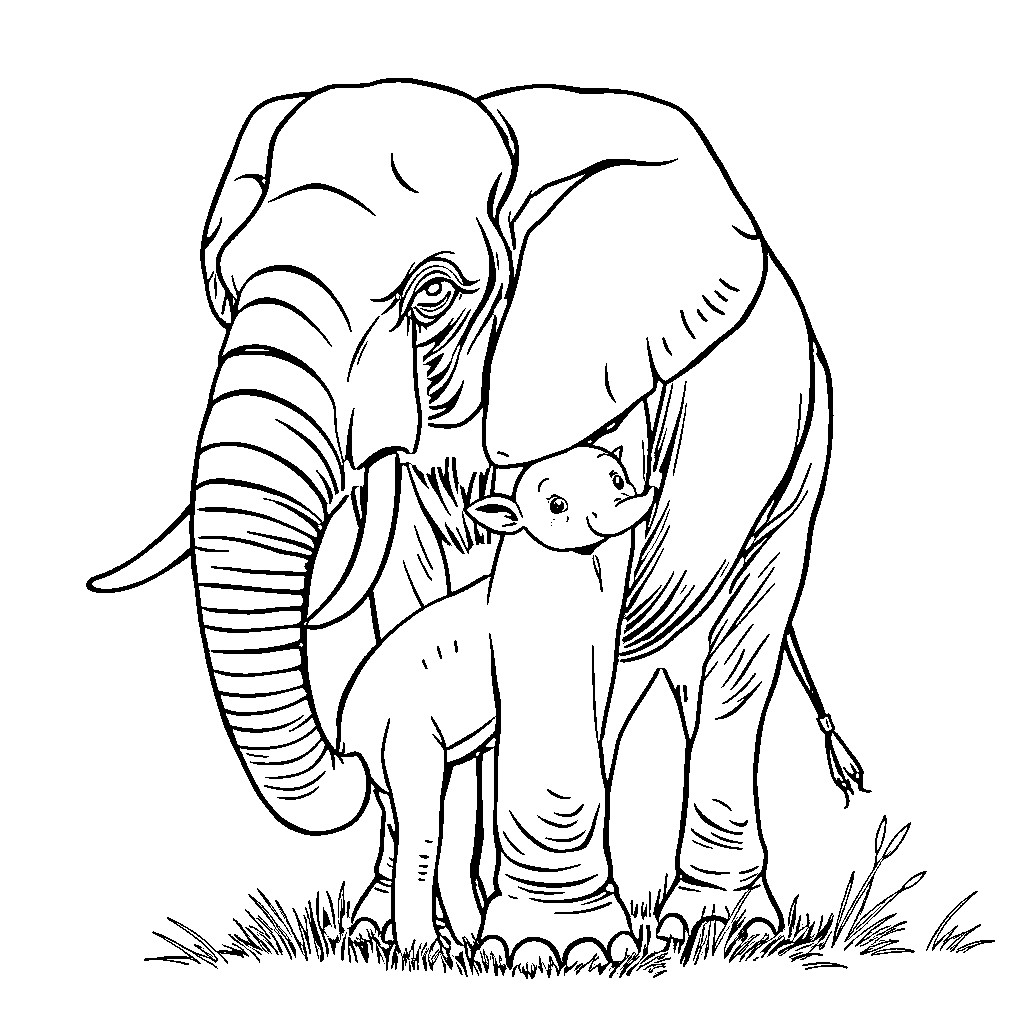 Elephant protecting its calf in the wild Coloring Page (free black-and-white line drawing printable PDF for all, from beginners to advanced learners, including children, teens, adults, and seniors)